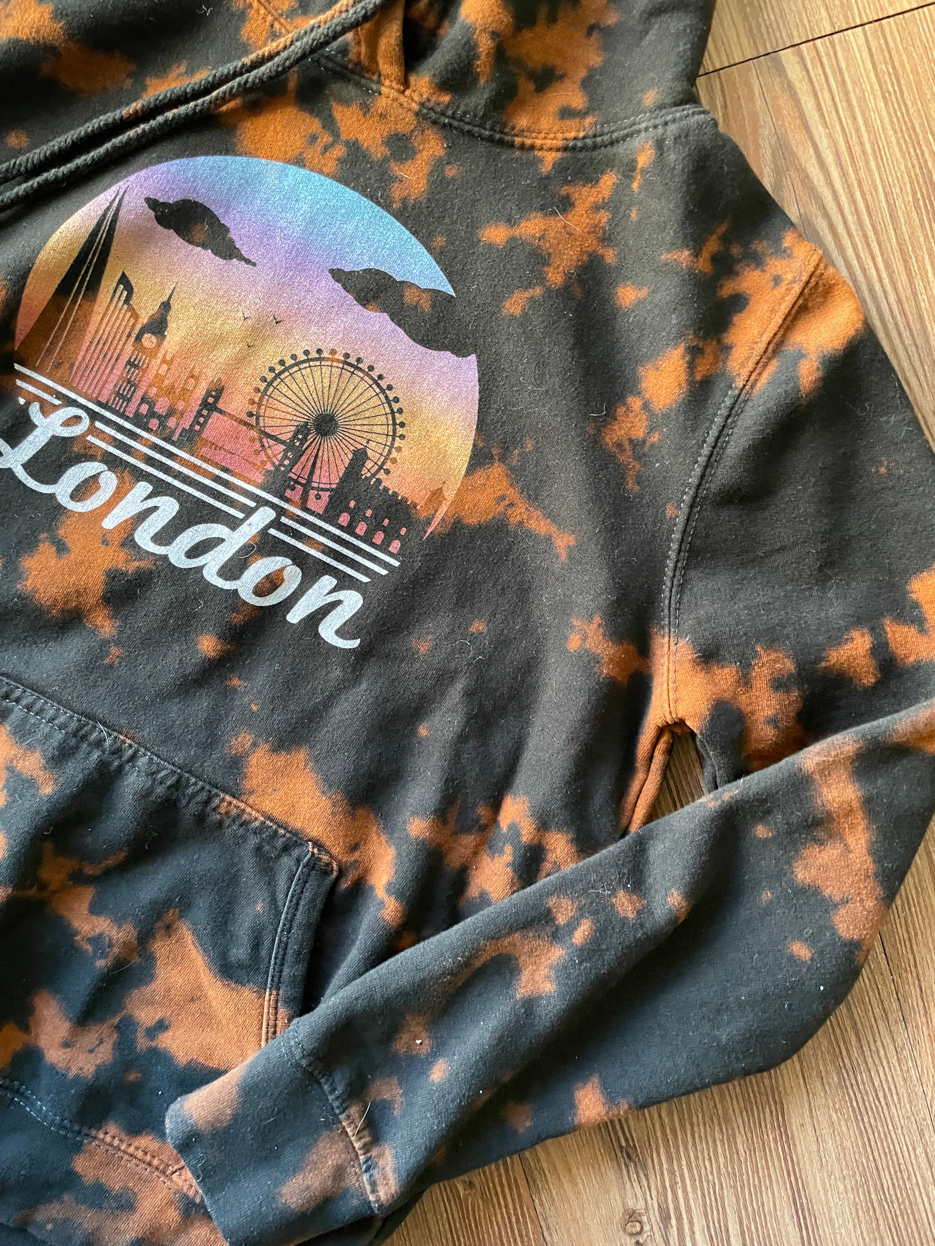 SMALL Women’s London Skyline Handmade Acid Dye Hoodie | One-Of-a-Kind Black and Bleach Long Sleeve Sweatshirt