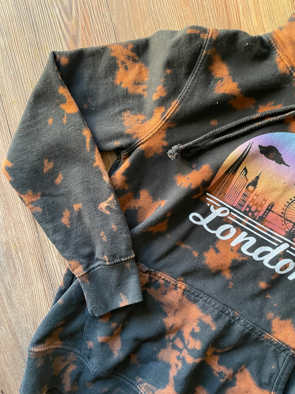 SMALL Women’s London Skyline Handmade Acid Dye Hoodie | One-Of-a-Kind Black and Bleach Long Sleeve Sweatshirt