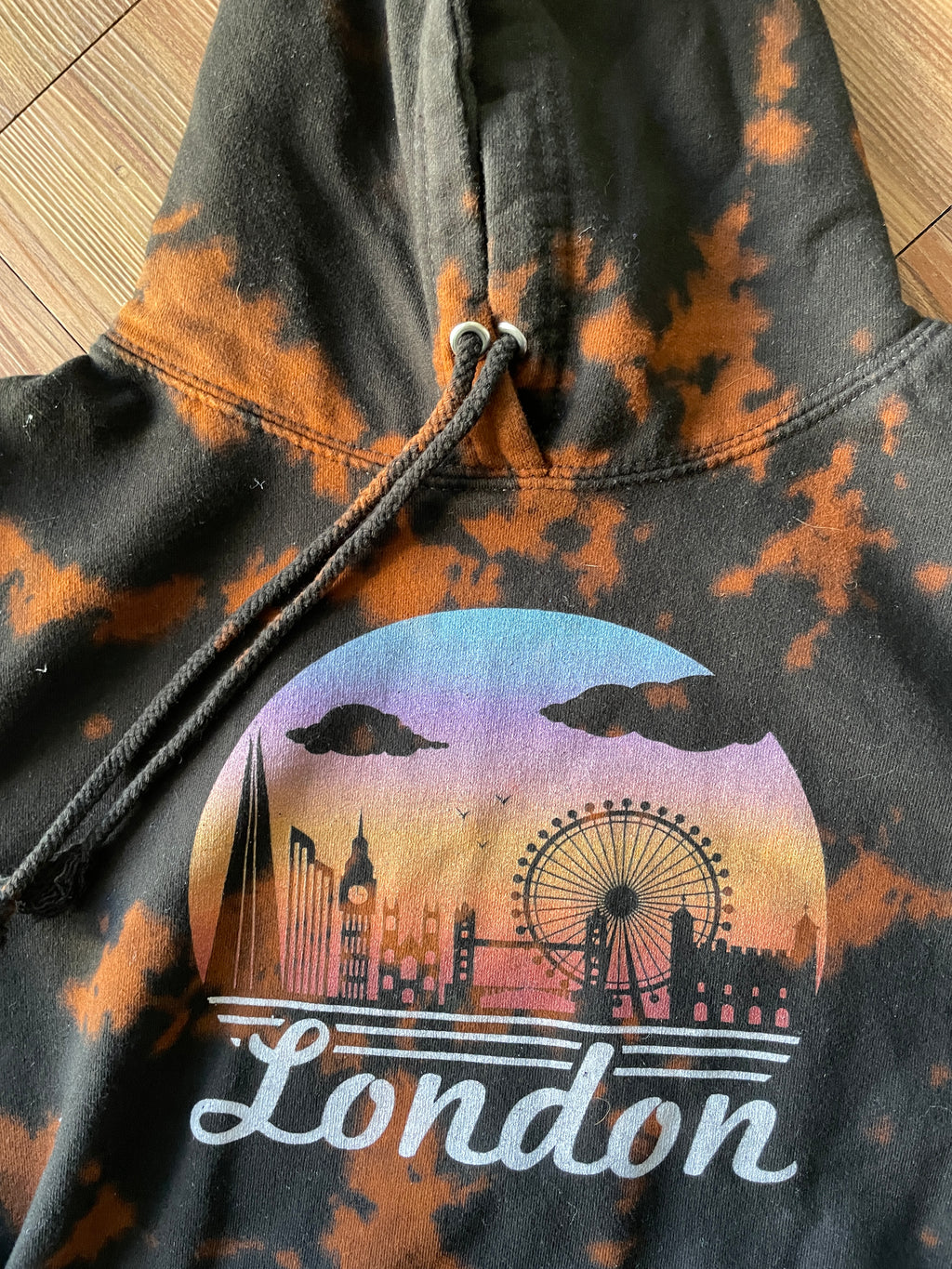 SMALL Women’s London Skyline Handmade Acid Dye Hoodie | One-Of-a-Kind Black and Bleach Long Sleeve Sweatshirt
