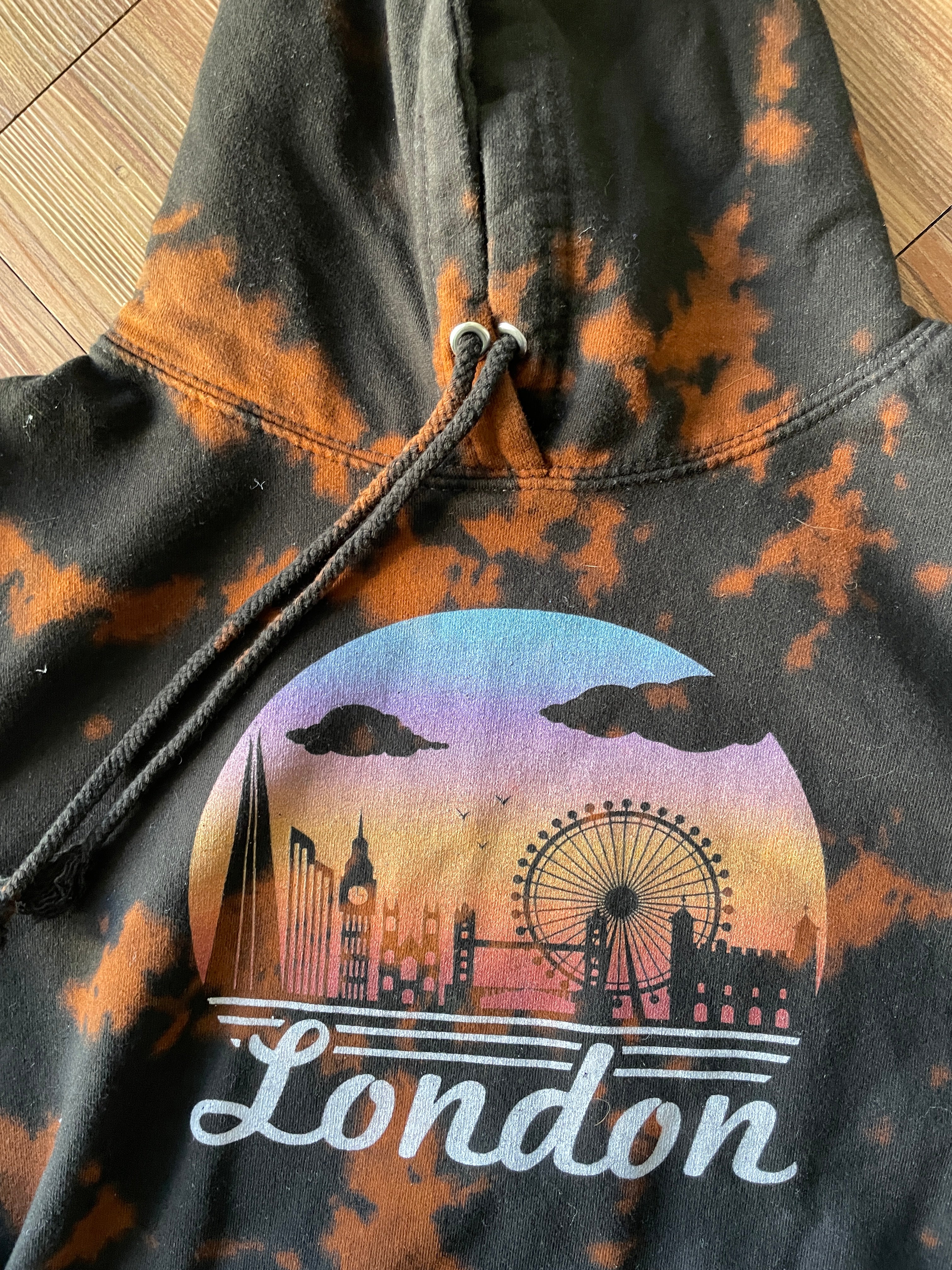 SMALL Women’s London Skyline Handmade Acid Dye Hoodie | One-Of-a-Kind Black and Bleach Long Sleeve Sweatshirt