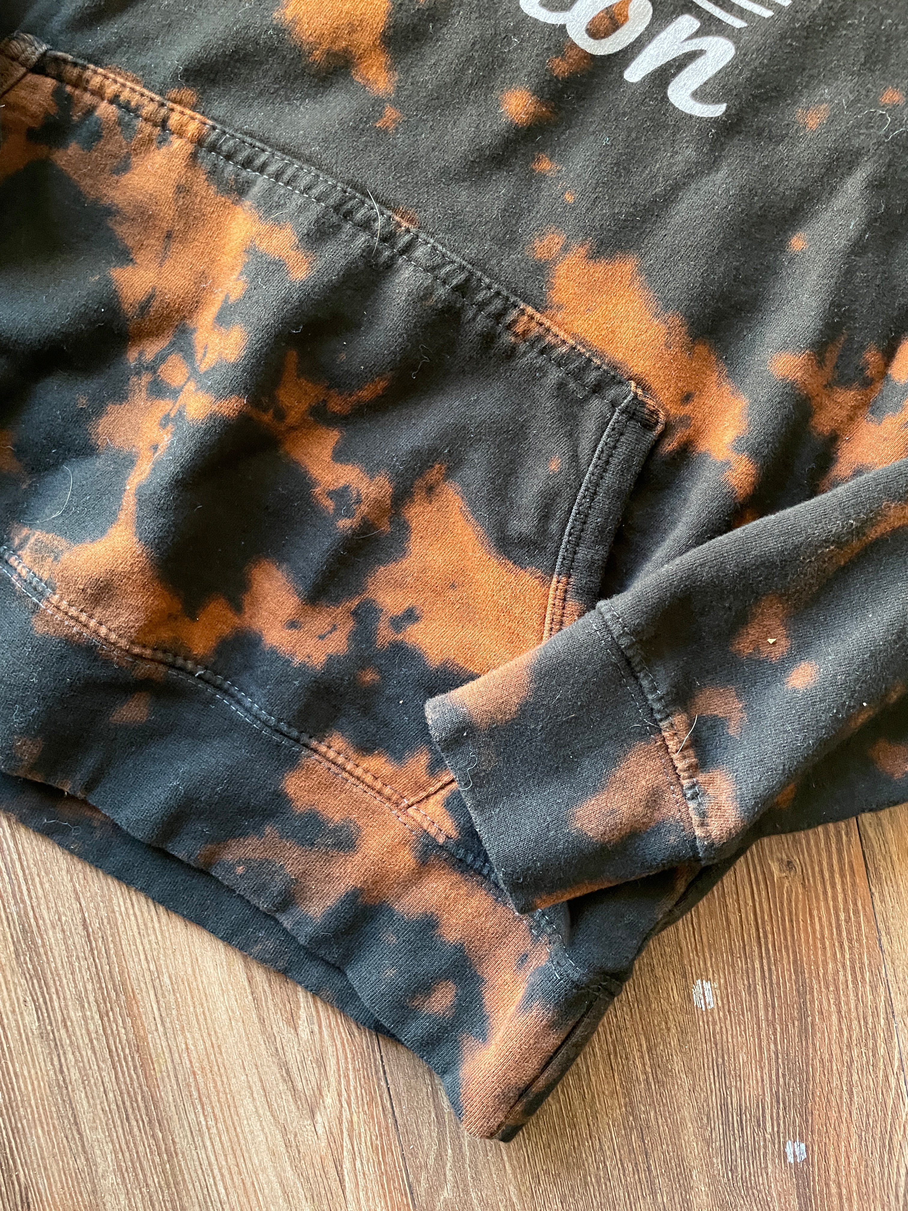 SMALL Women’s London Skyline Handmade Acid Dye Hoodie | One-Of-a-Kind Black and Bleach Long Sleeve Sweatshirt