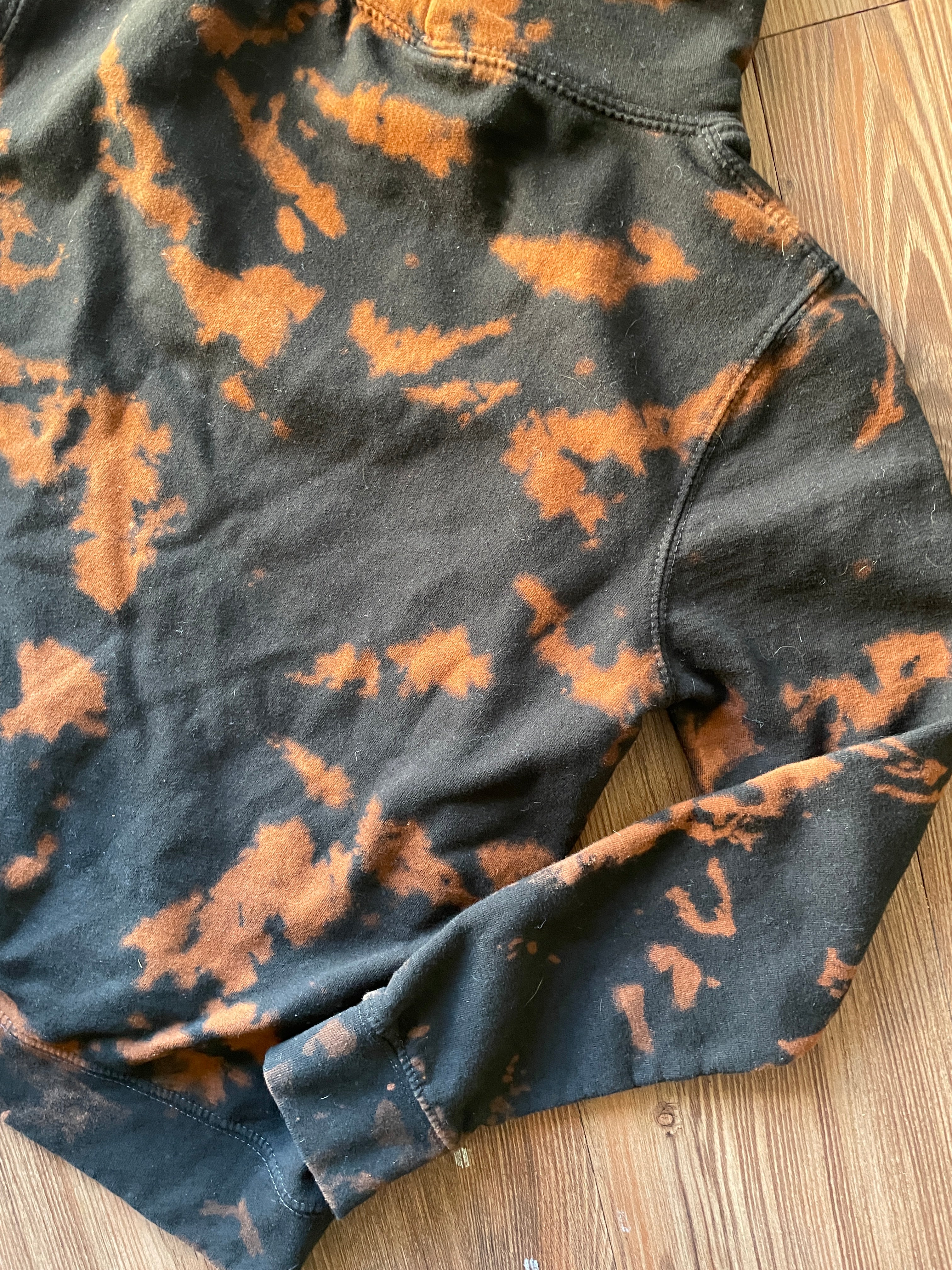 SMALL Women’s London Skyline Handmade Acid Dye Hoodie | One-Of-a-Kind Black and Bleach Long Sleeve Sweatshirt