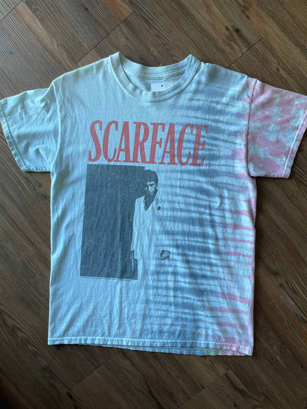 Medium Men’s Scarface Handmade Tie Dye T-Shirt | Pastel Pink and Grey Pleated Tie Dye Short Sleeve