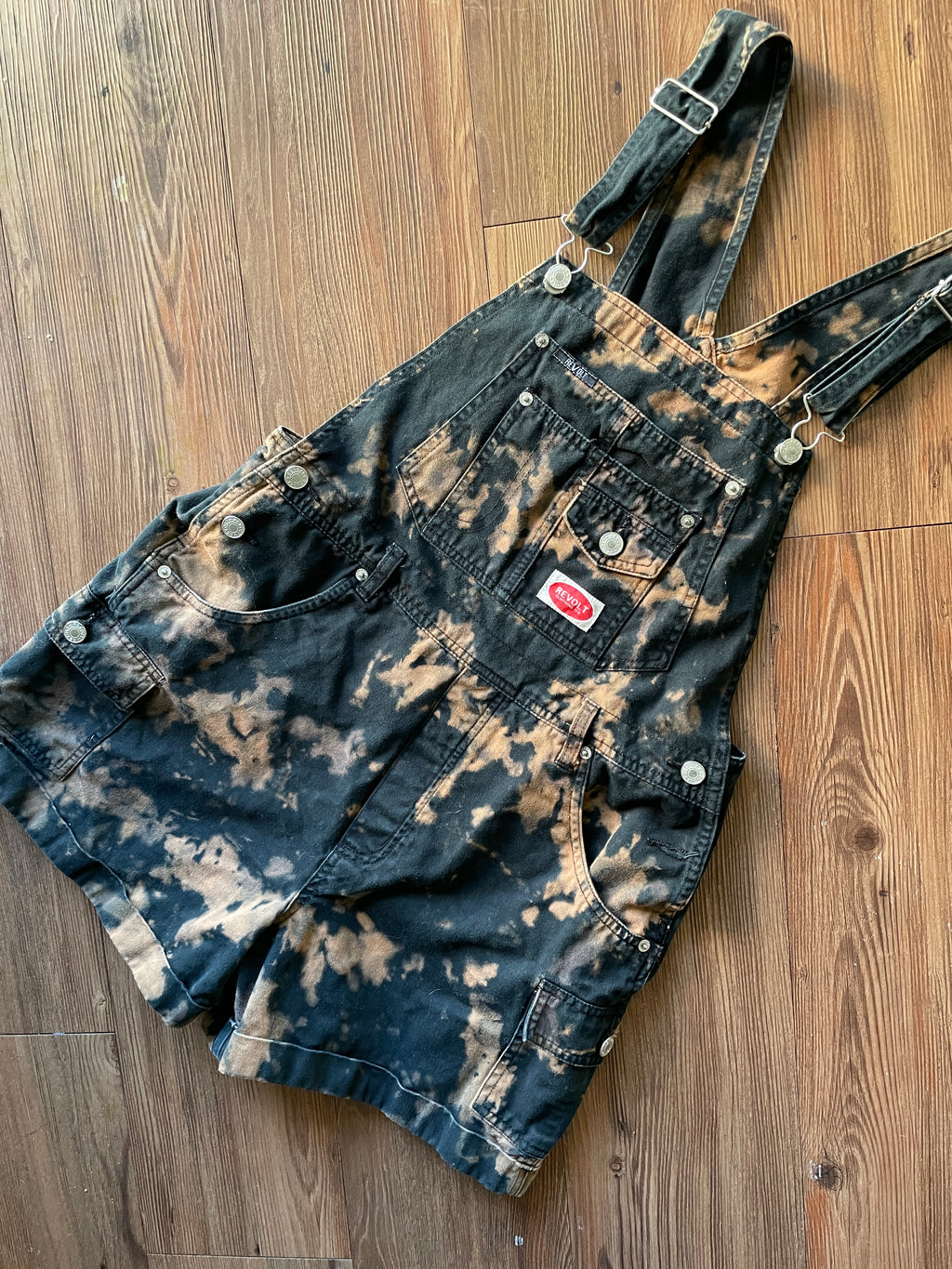 LARGE Women's Handmade Acid Dye Short Overalls | One-Of-a-Kind Black and Bleach Shortalls
