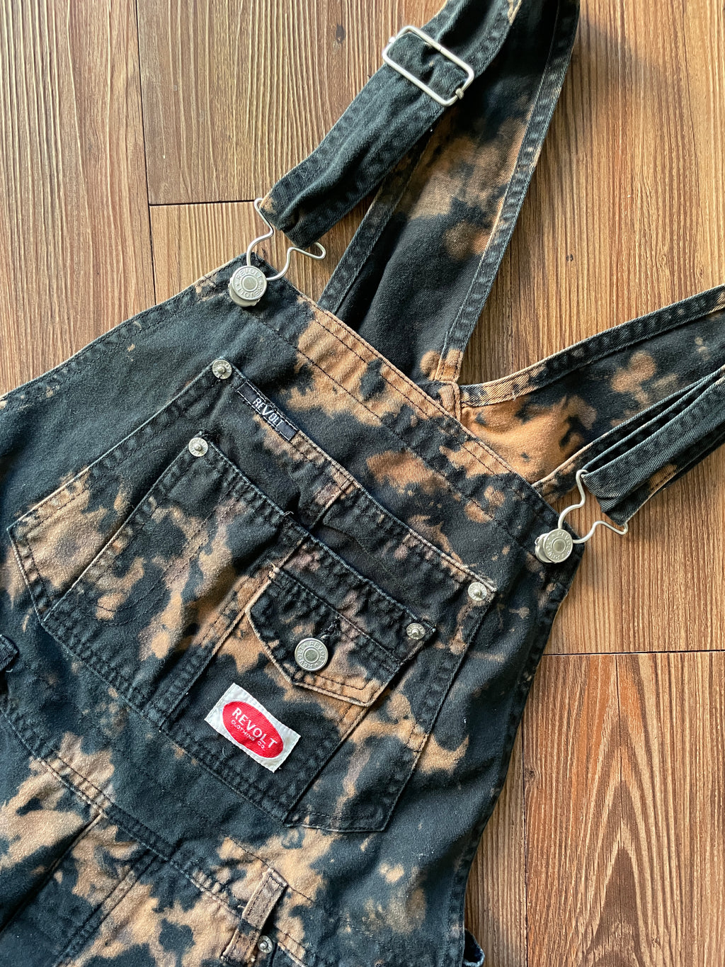 LARGE Women's Handmade Acid Dye Short Overalls | One-Of-a-Kind Black and Bleach Shortalls