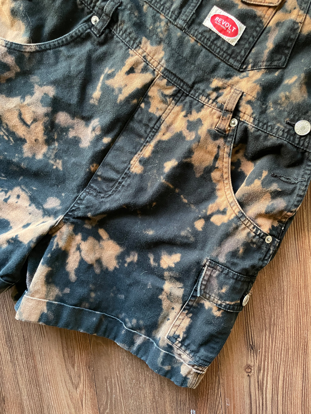 LARGE Women's Handmade Acid Dye Short Overalls | One-Of-a-Kind Black and Bleach Shortalls
