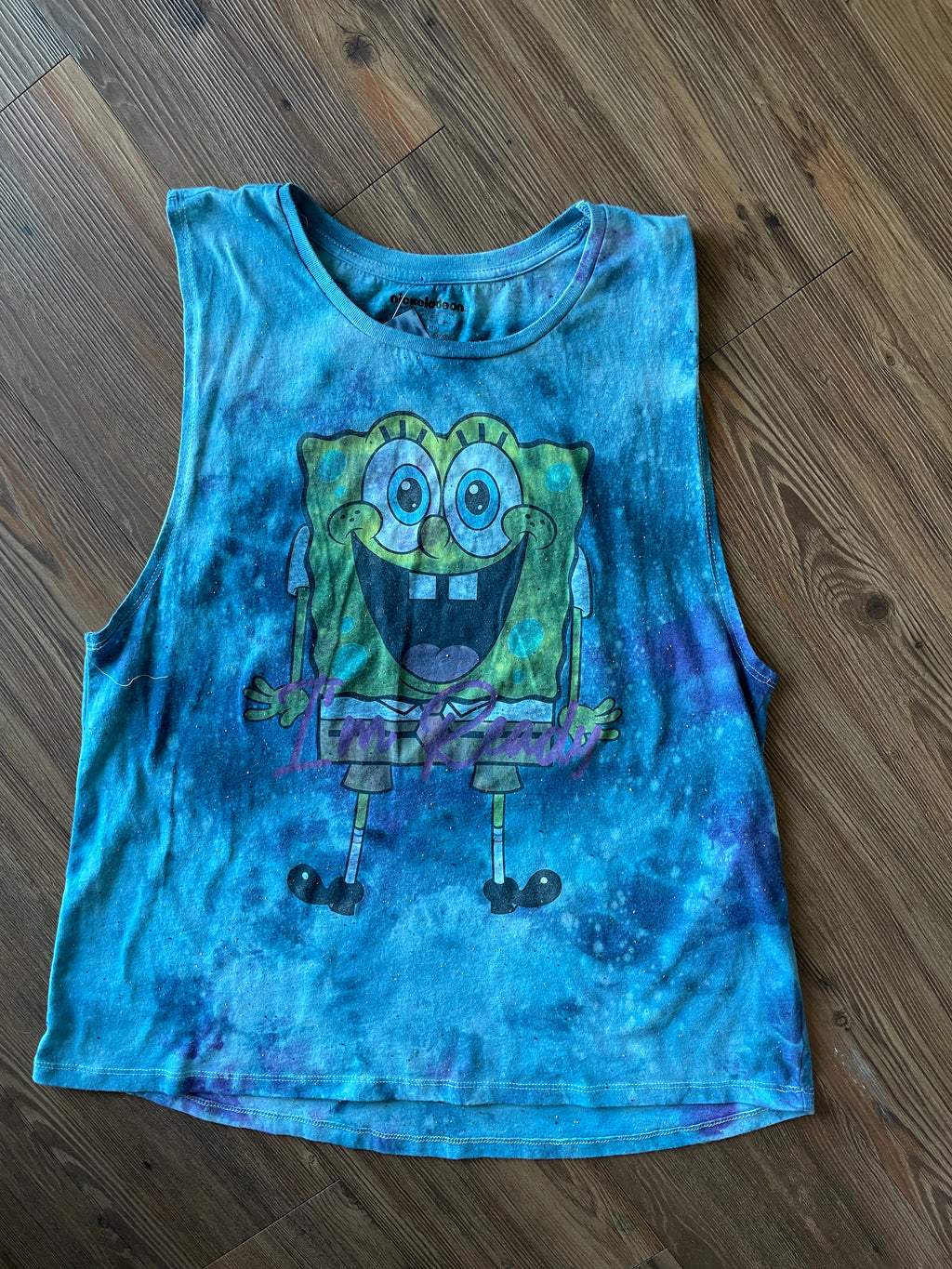XL Women’s SpongeBob I’m Ready Handmade Tie Dye Tank Too | Blue Ocean Galaxy Tie Dye Sleeveless Top