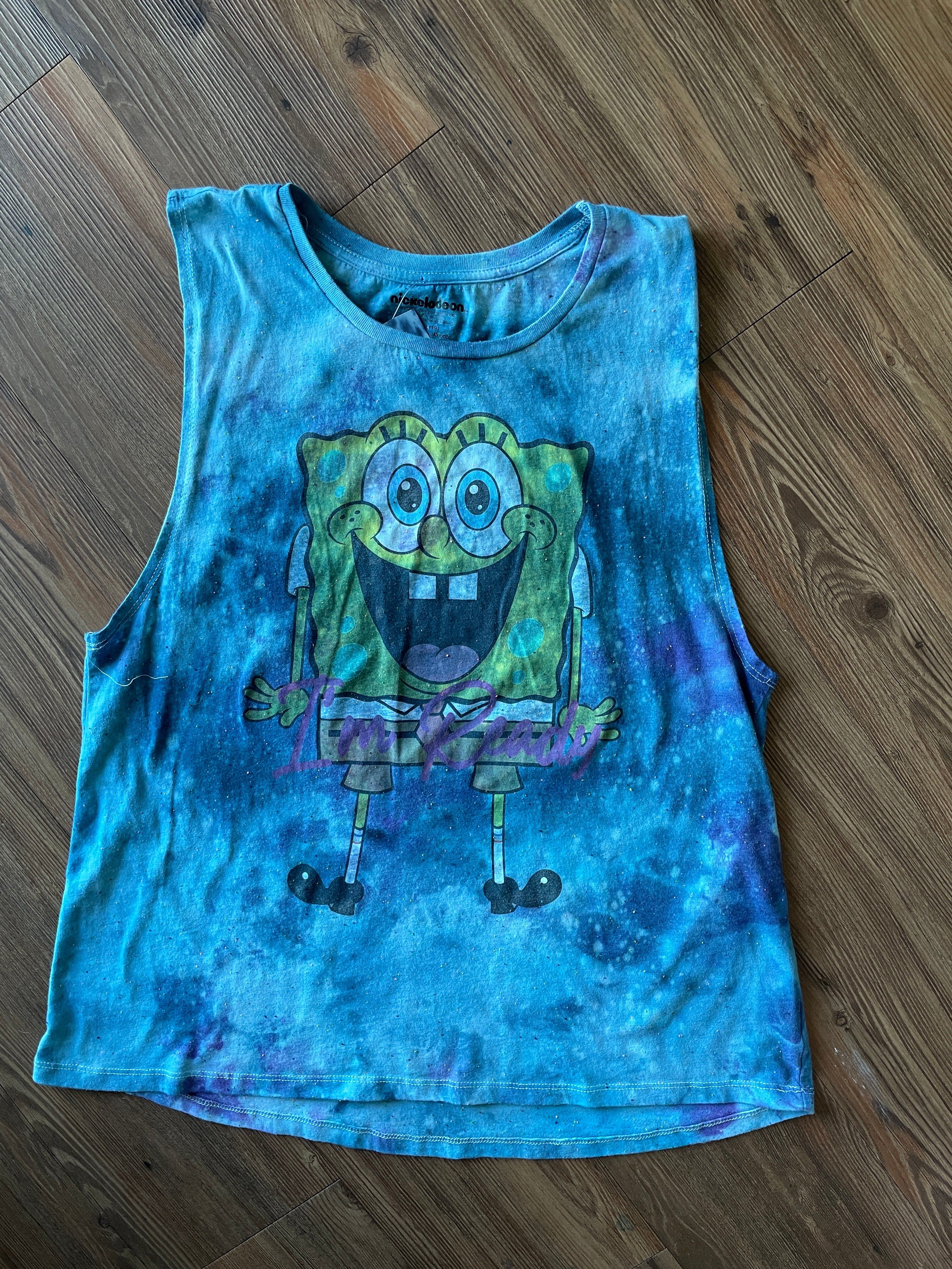 XL Women’s SpongeBob I’m Ready Handmade Tie Dye Tank Too | Blue Ocean Galaxy Tie Dye Sleeveless Top