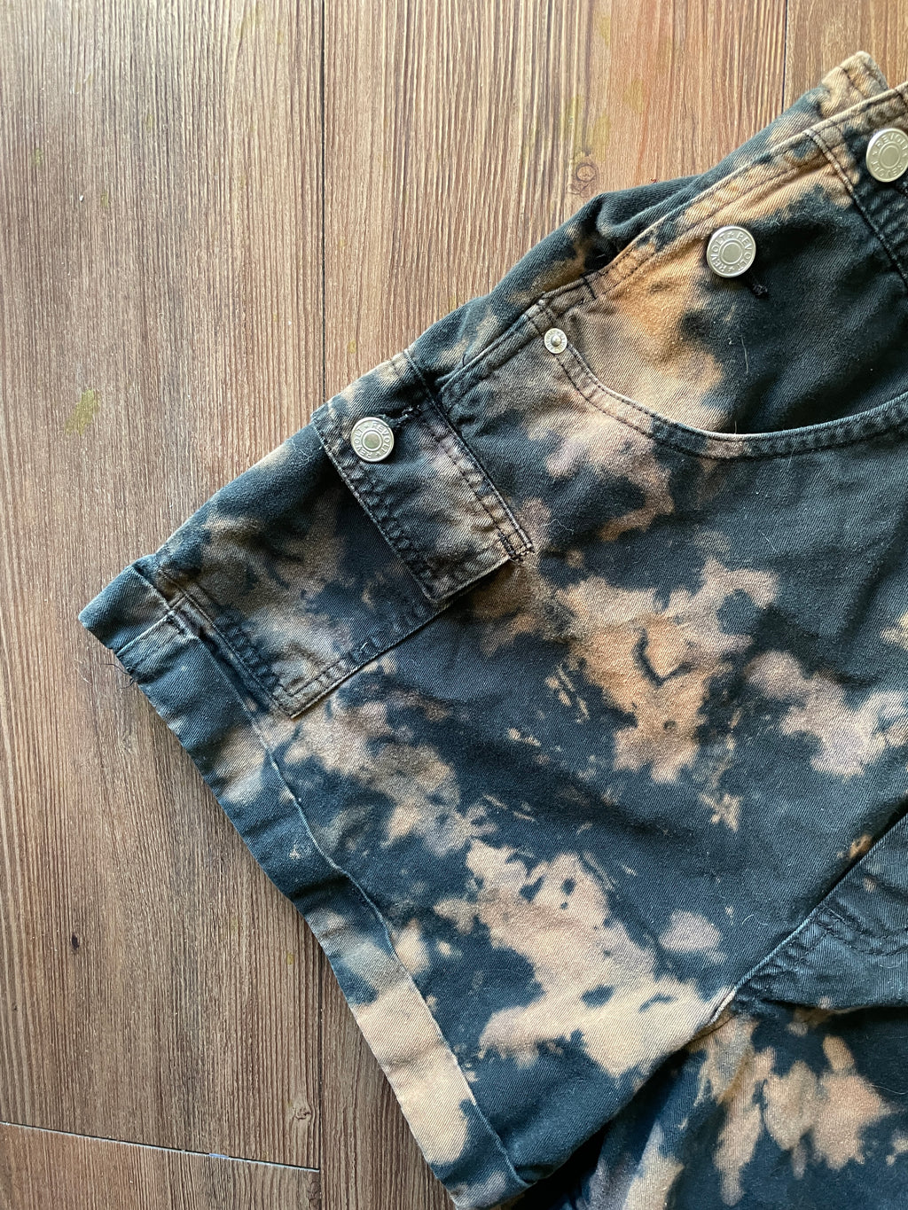 LARGE Women's Handmade Acid Dye Short Overalls | One-Of-a-Kind Black and Bleach Shortalls