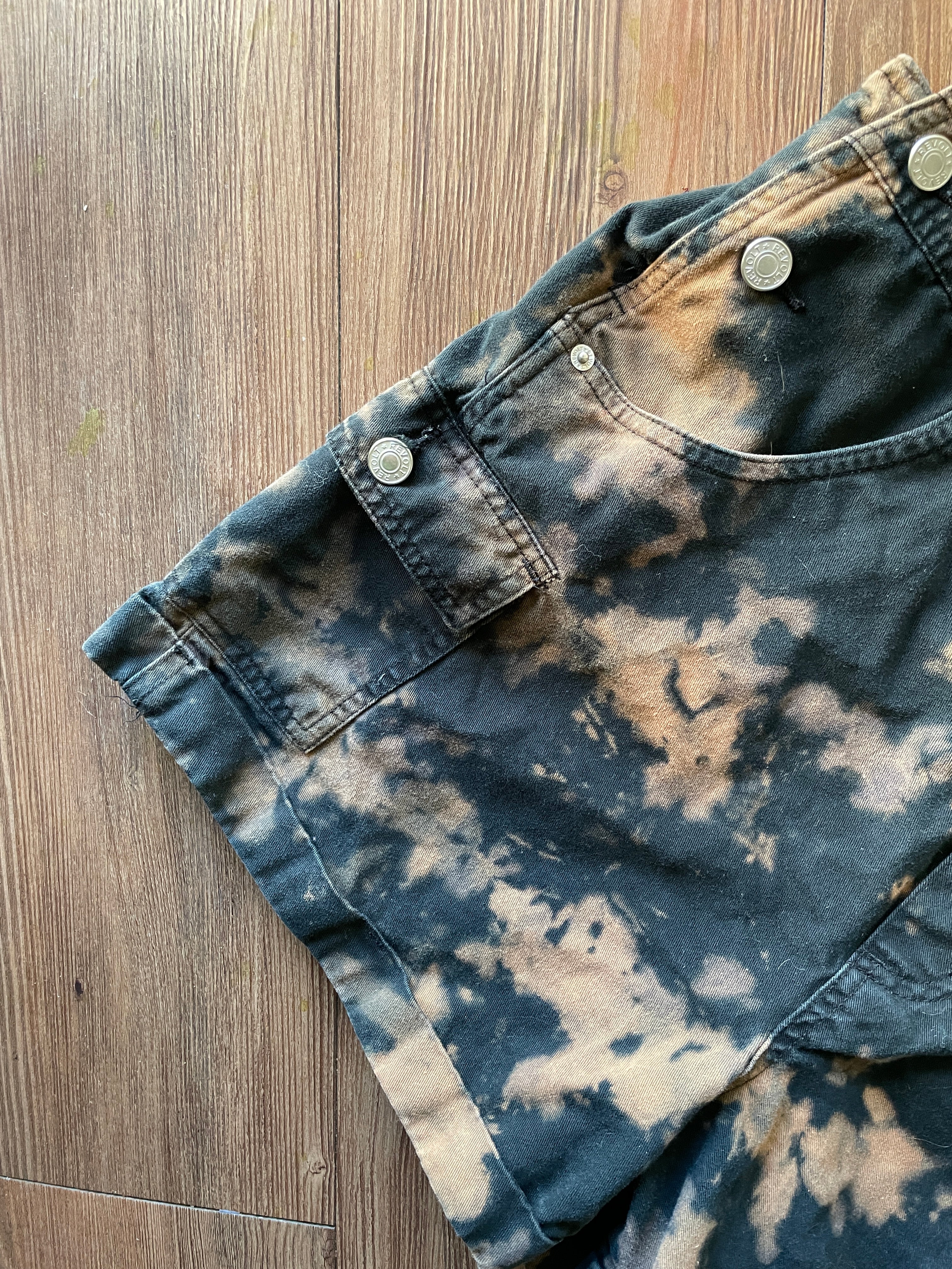 LARGE Women's Handmade Acid Dye Short Overalls | One-Of-a-Kind Black and Bleach Shortalls