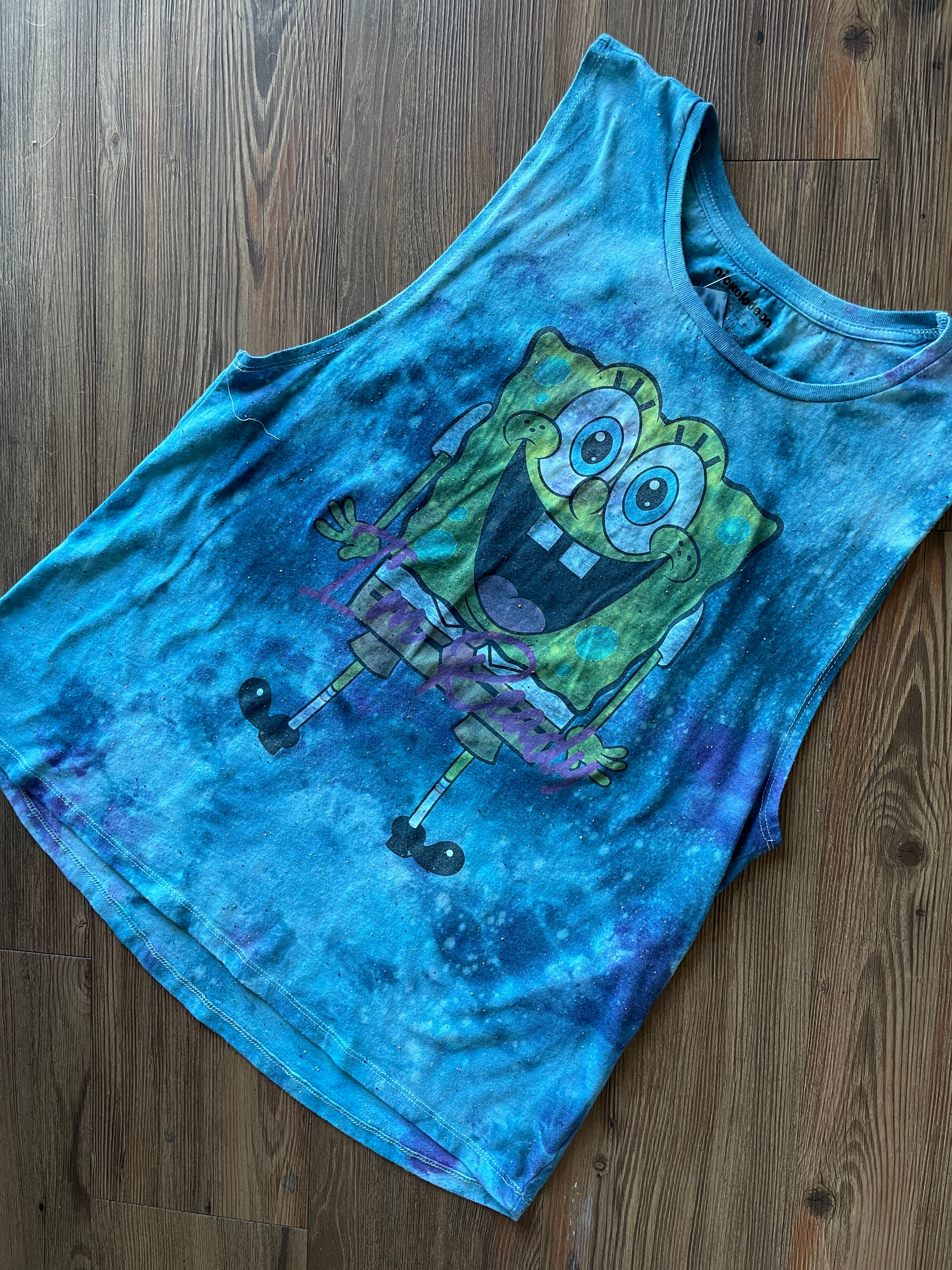 XL Women’s SpongeBob I’m Ready Handmade Tie Dye Tank Too | Blue Ocean Galaxy Tie Dye Sleeveless Top