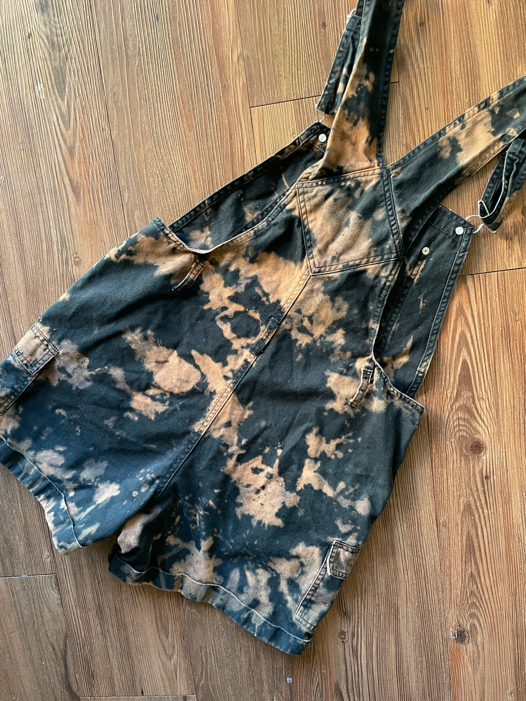 LARGE Women's Handmade Acid Dye Short Overalls | One-Of-a-Kind Black and Bleach Shortalls