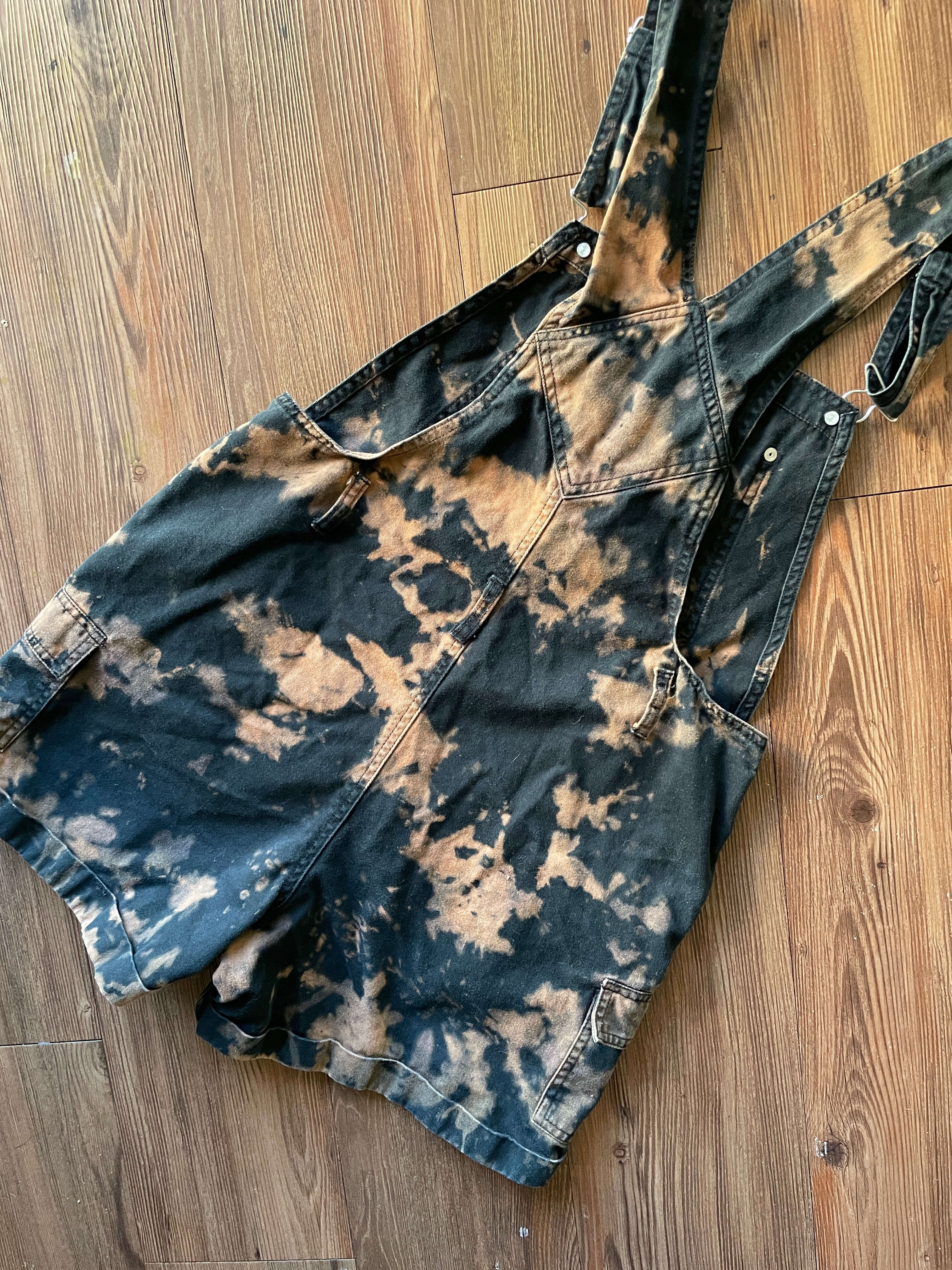 LARGE Women's Handmade Acid Dye Short Overalls | One-Of-a-Kind Black and Bleach Shortalls