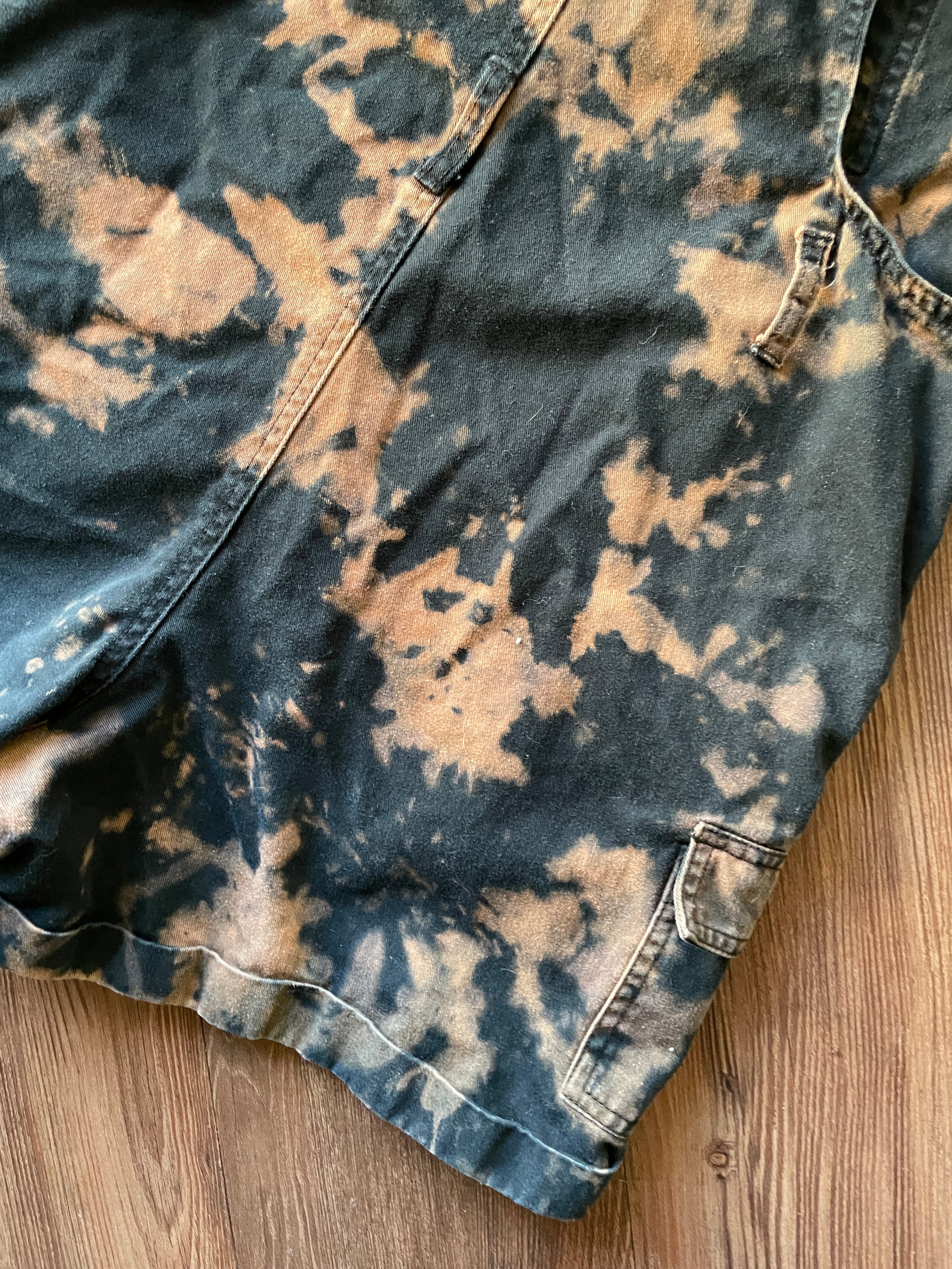 LARGE Women's Handmade Acid Dye Short Overalls | One-Of-a-Kind Black and Bleach Shortalls