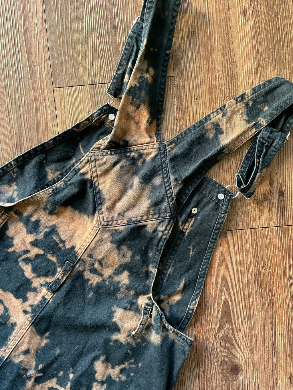 LARGE Women's Handmade Acid Dye Short Overalls | One-Of-a-Kind Black and Bleach Shortalls
