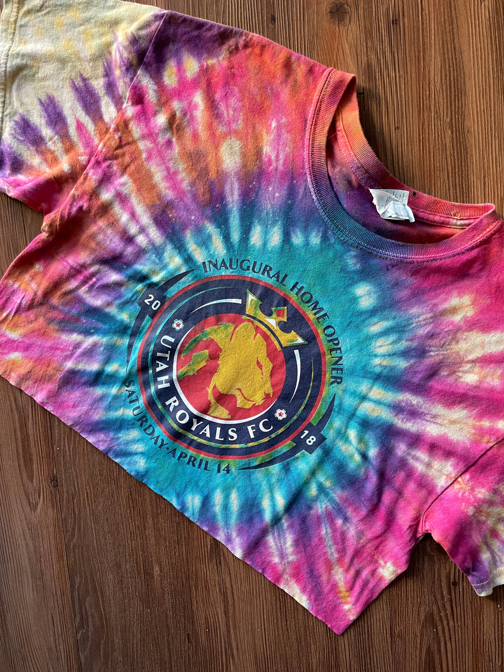 Large Men’s Utah Royals Home Opener Handmade Tie Dye Cropped T-Shirt | Yellow Jewel Tones Reverse Tie Dye Short Sleeve Crop Top