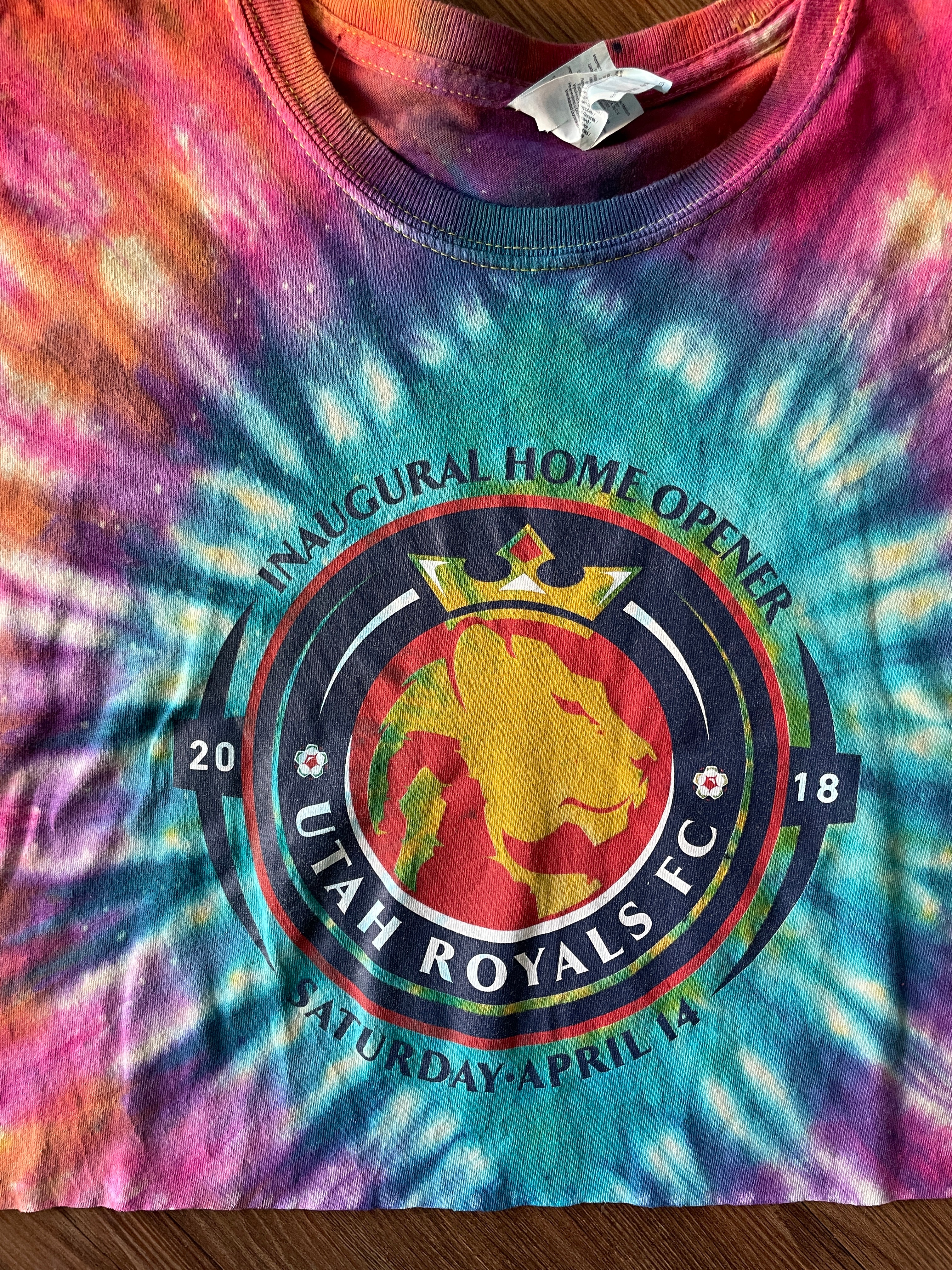 Large Men’s Utah Royals Home Opener Handmade Tie Dye Cropped T-Shirt | Yellow Jewel Tones Reverse Tie Dye Short Sleeve Crop Top