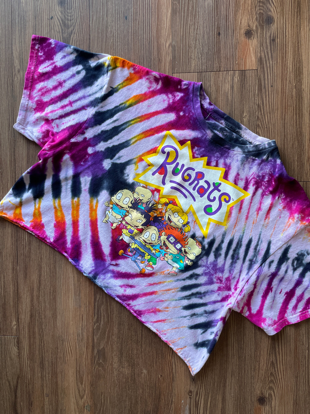 XL Men’s Rugrats Handmade Tie Dye Cropped T-Shirt | Pastel Pink and Black Pleated Tie Dye Short Sleeve Crop Top