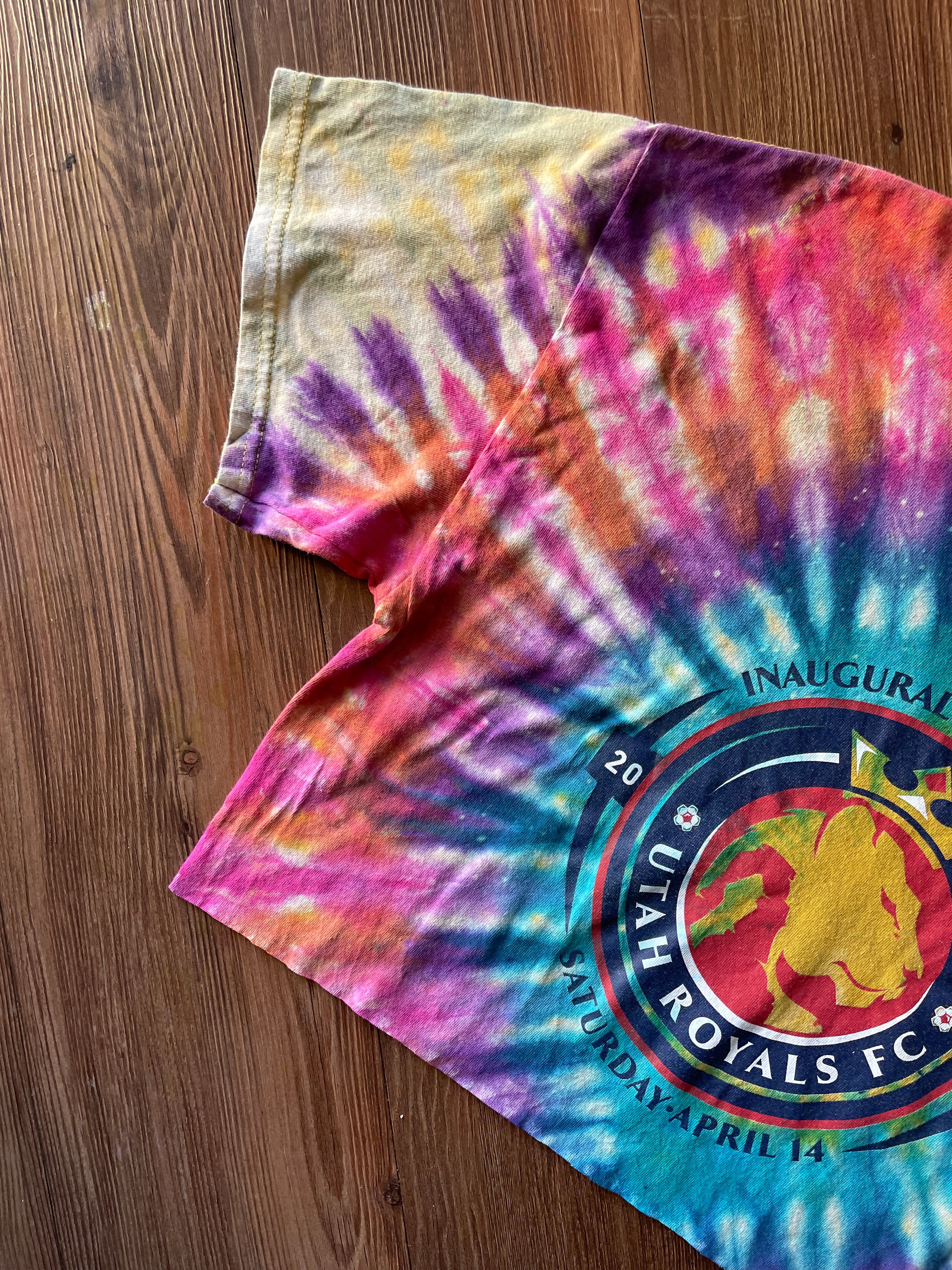 Large Men’s Utah Royals Home Opener Handmade Tie Dye Cropped T-Shirt | Yellow Jewel Tones Reverse Tie Dye Short Sleeve Crop Top