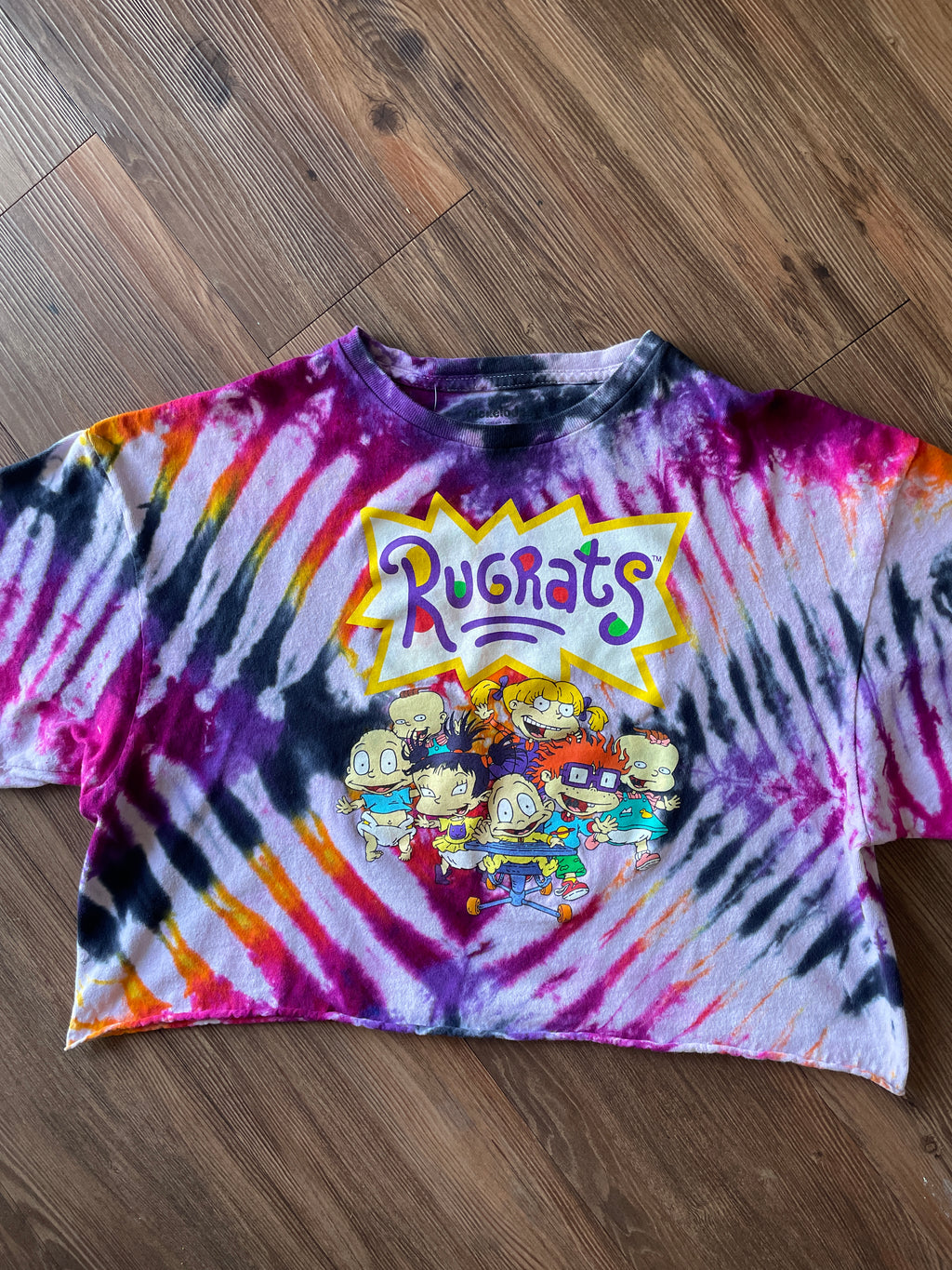 XL Men’s Rugrats Handmade Tie Dye Cropped T-Shirt | Pastel Pink and Black Pleated Tie Dye Short Sleeve Crop Top