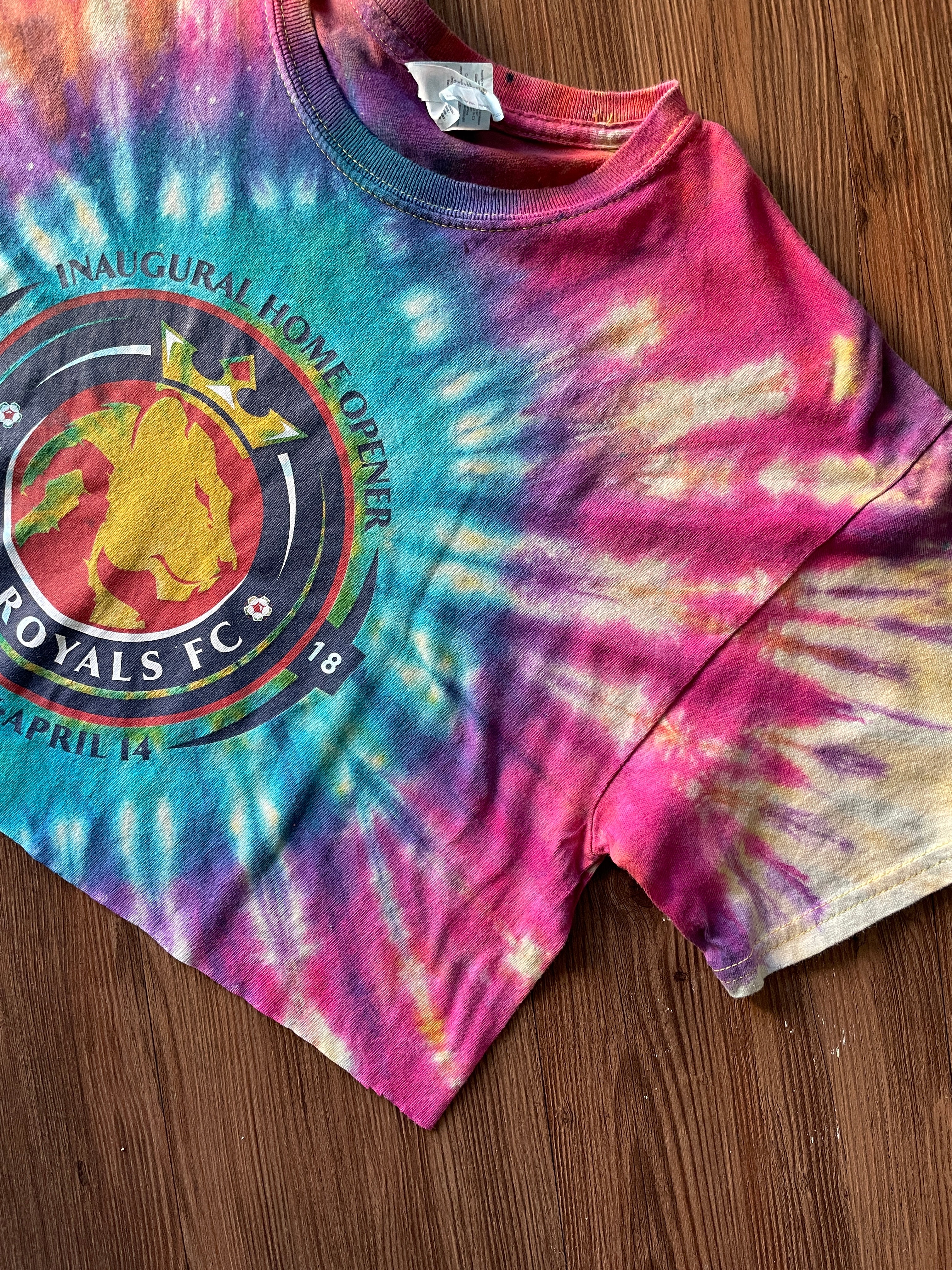 Large Men’s Utah Royals Home Opener Handmade Tie Dye Cropped T-Shirt | Yellow Jewel Tones Reverse Tie Dye Short Sleeve Crop Top