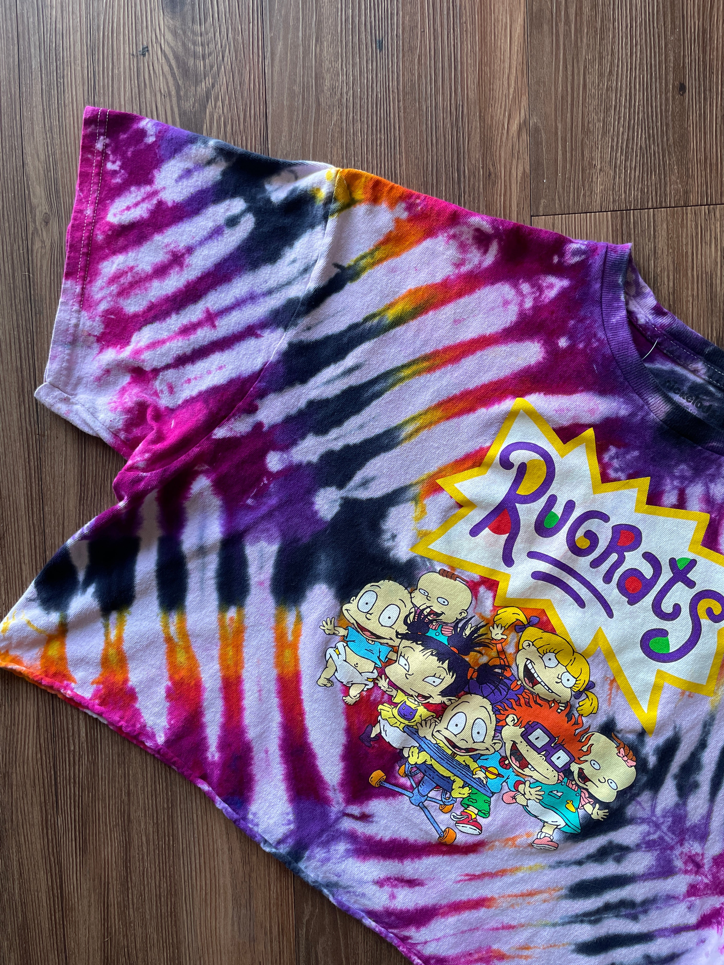 XL Men’s Rugrats Handmade Tie Dye Cropped T-Shirt | Pastel Pink and Black Pleated Tie Dye Short Sleeve Crop Top