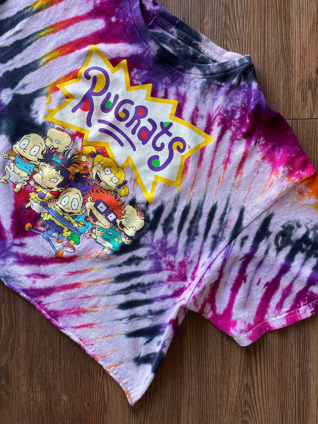 XL Men’s Rugrats Handmade Tie Dye Cropped T-Shirt | Pastel Pink and Black Pleated Tie Dye Short Sleeve Crop Top