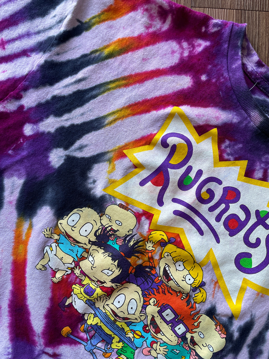 XL Men’s Rugrats Handmade Tie Dye Cropped T-Shirt | Pastel Pink and Black Pleated Tie Dye Short Sleeve Crop Top