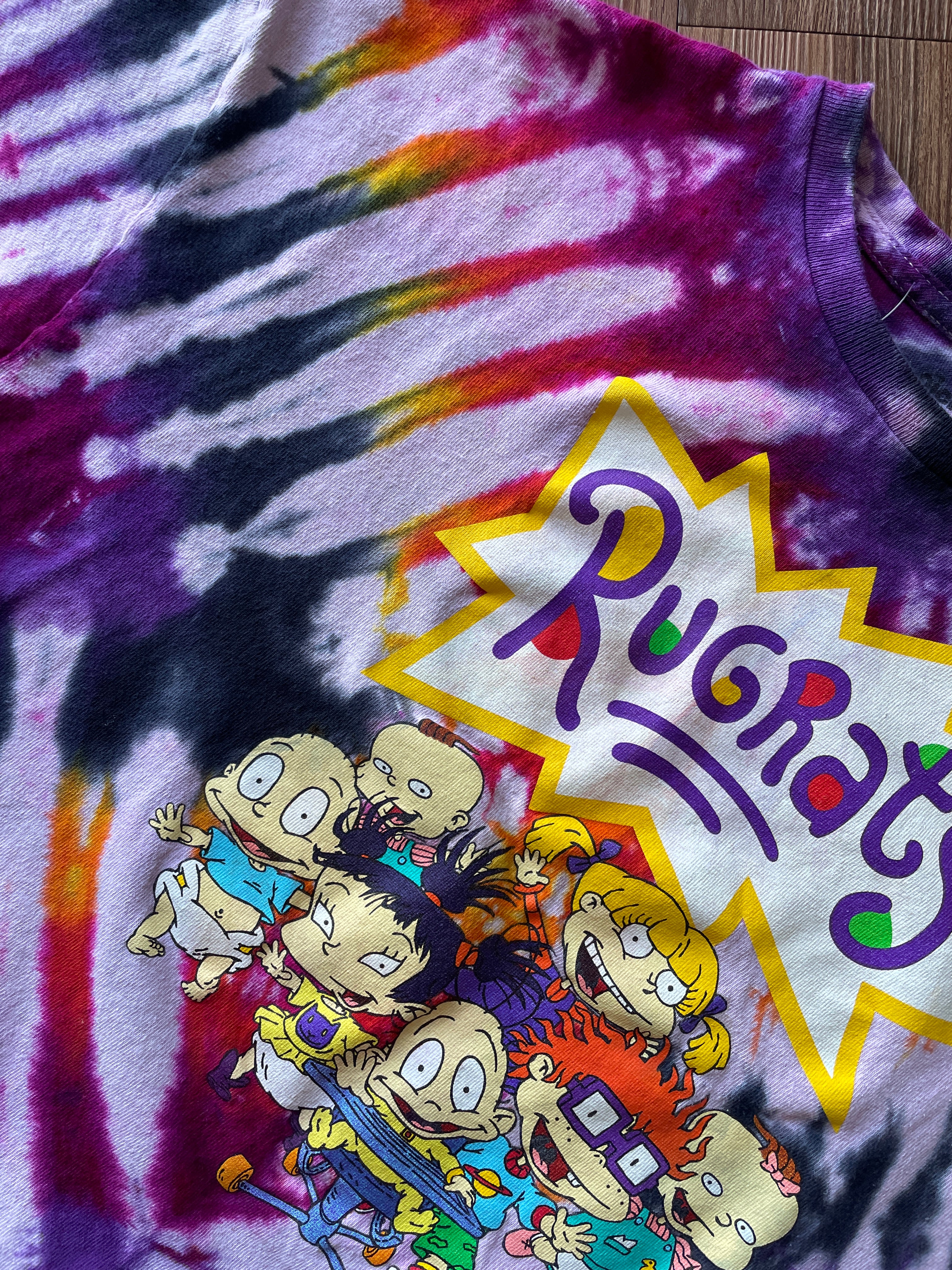 XL Men’s Rugrats Handmade Tie Dye Cropped T-Shirt | Pastel Pink and Black Pleated Tie Dye Short Sleeve Crop Top