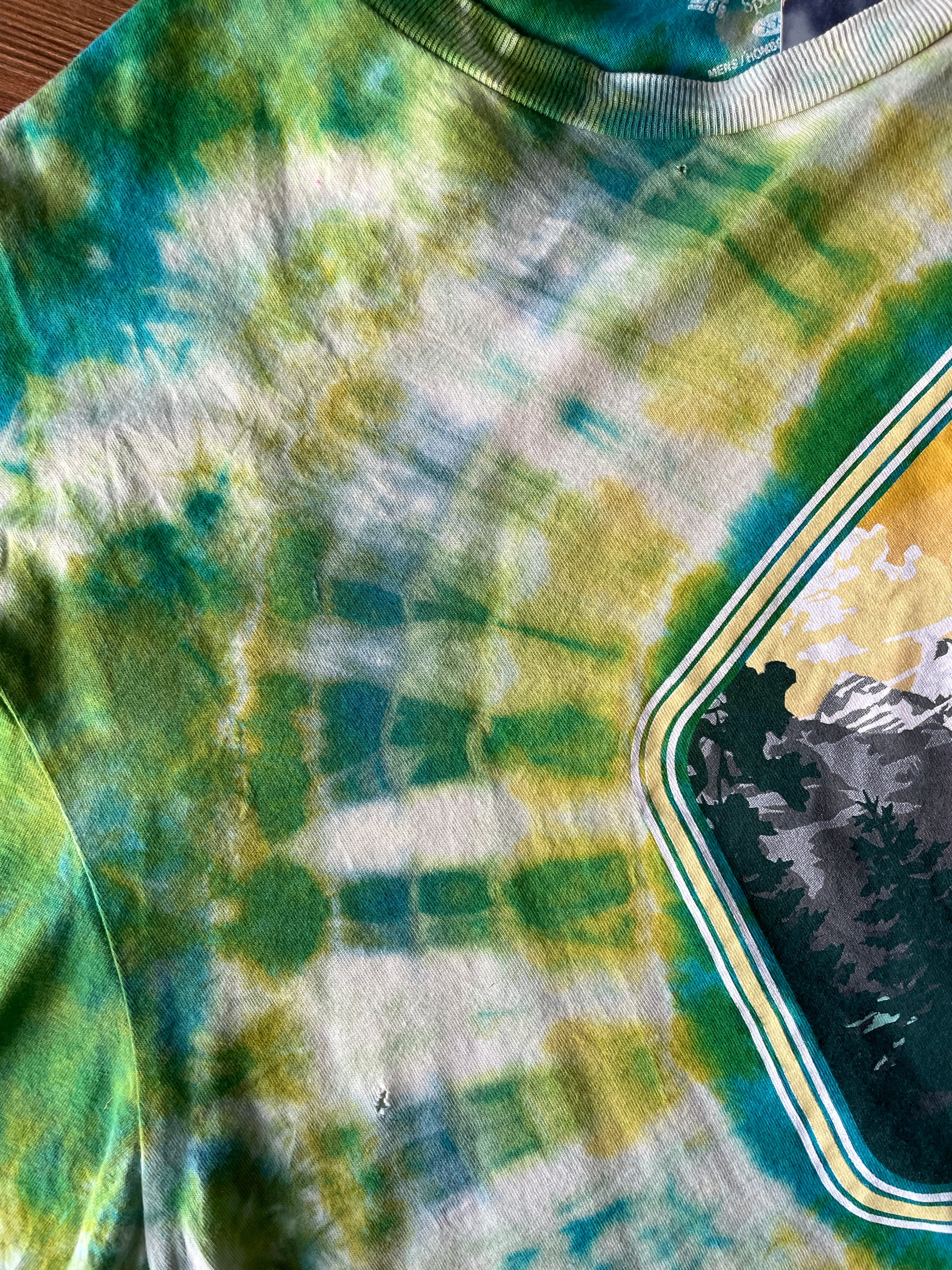 2XL Men’s Rocky Mountain National Park Handmade Tie Dye Crop Top | Blue and Green Crumpled Tie Dye Short Sleeve **HAS HOLES