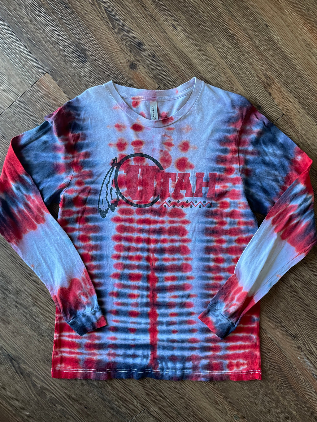 Large Men’s Utah Utes Handmade Tie Dye T-Shirt | Red and Black U of U Pleated Tie Dye Long  Sleeve