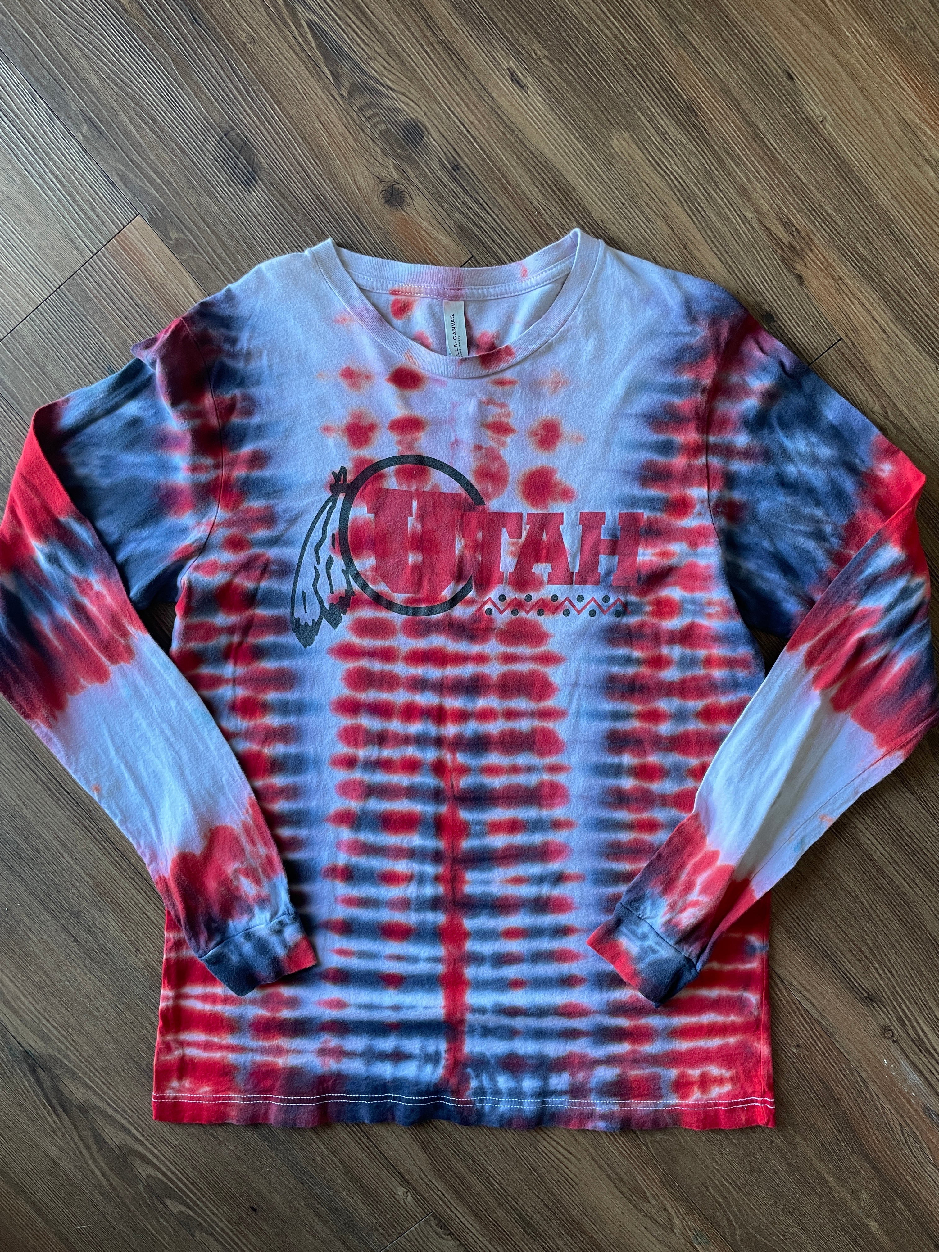 Large Men’s Utah Utes Handmade Tie Dye T-Shirt | Red and Black U of U Pleated Tie Dye Long  Sleeve