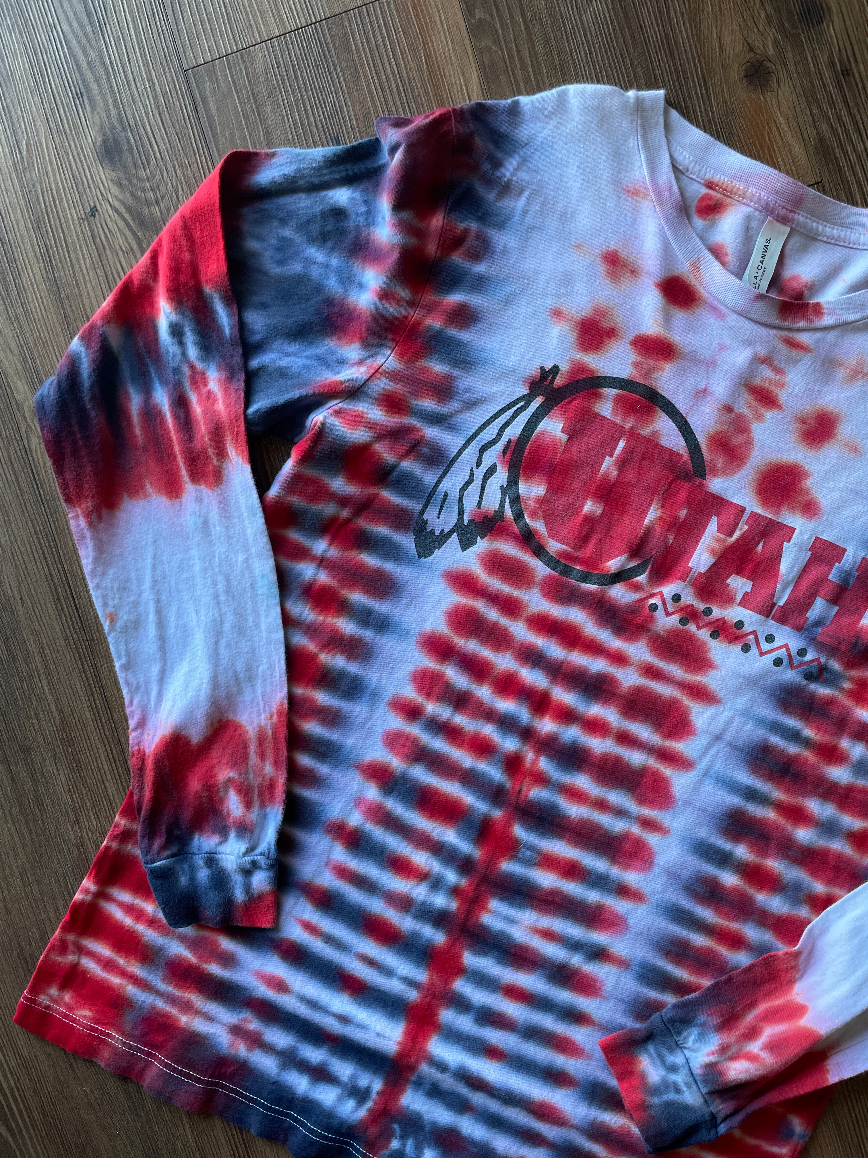 Large Men’s Utah Utes Handmade Tie Dye T-Shirt | Red and Black U of U Pleated Tie Dye Long  Sleeve