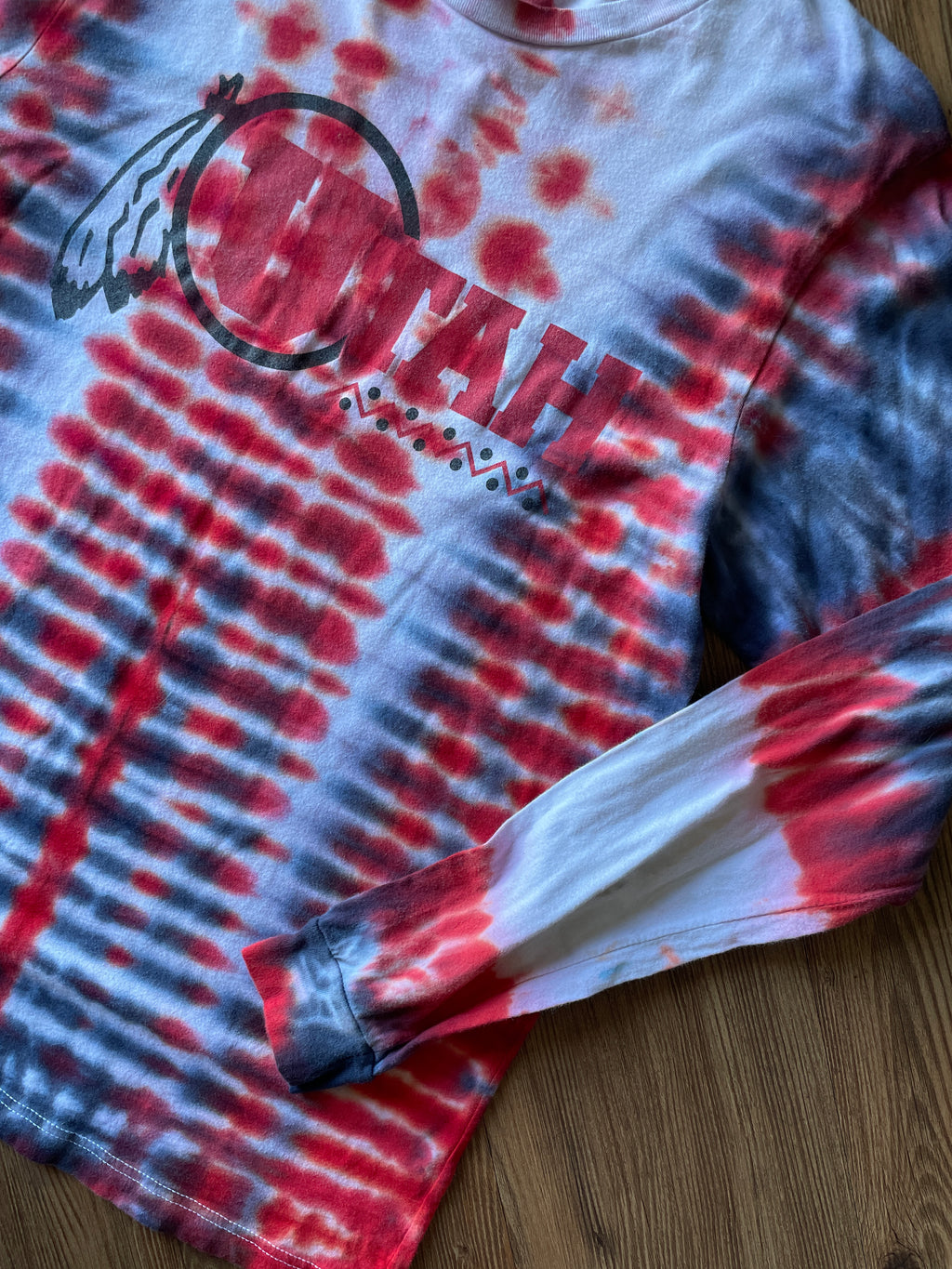 Large Men’s Utah Utes Handmade Tie Dye T-Shirt | Red and Black U of U Pleated Tie Dye Long  Sleeve