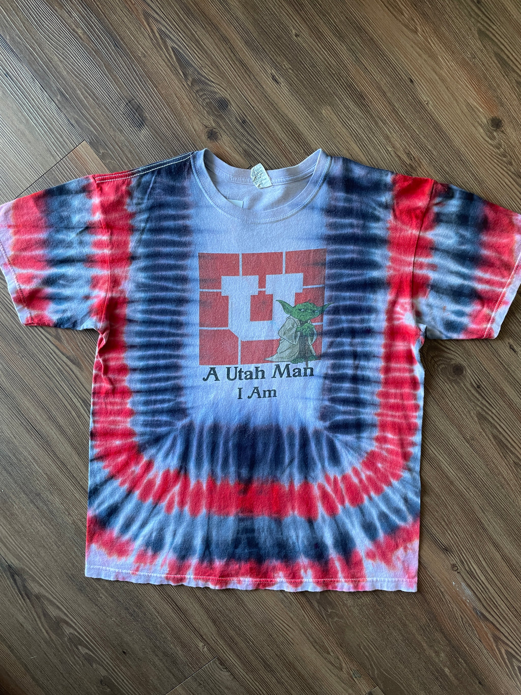 Large Men’s Yoda Utah Utes Handmade Tie Dye T-Shirt | Red, White, and Black U of U Pleated Tie Dye Short Sleeve