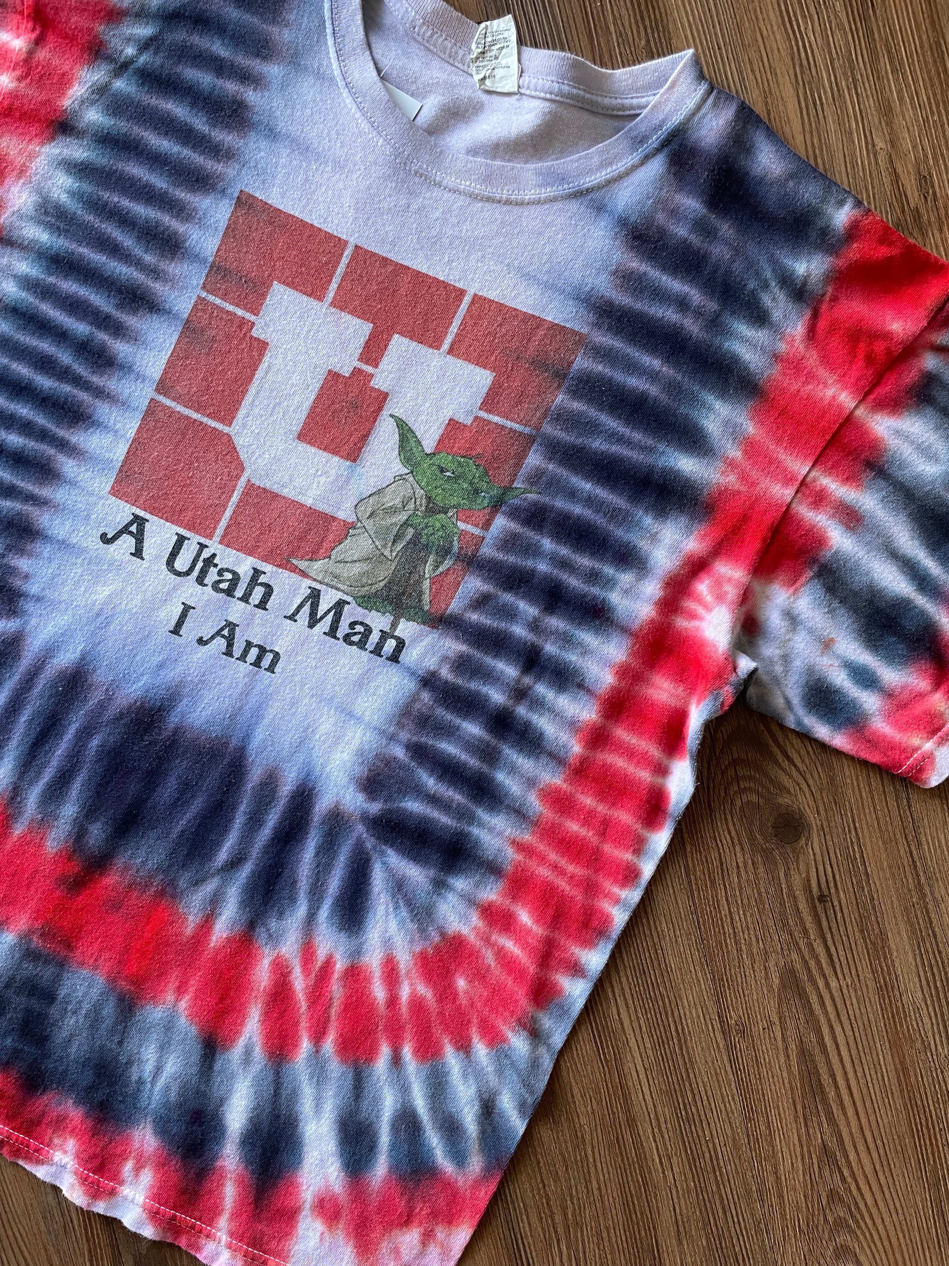 Large Men’s Yoda Utah Utes Handmade Tie Dye T-Shirt | Red, White, and Black U of U Pleated Tie Dye Short Sleeve
