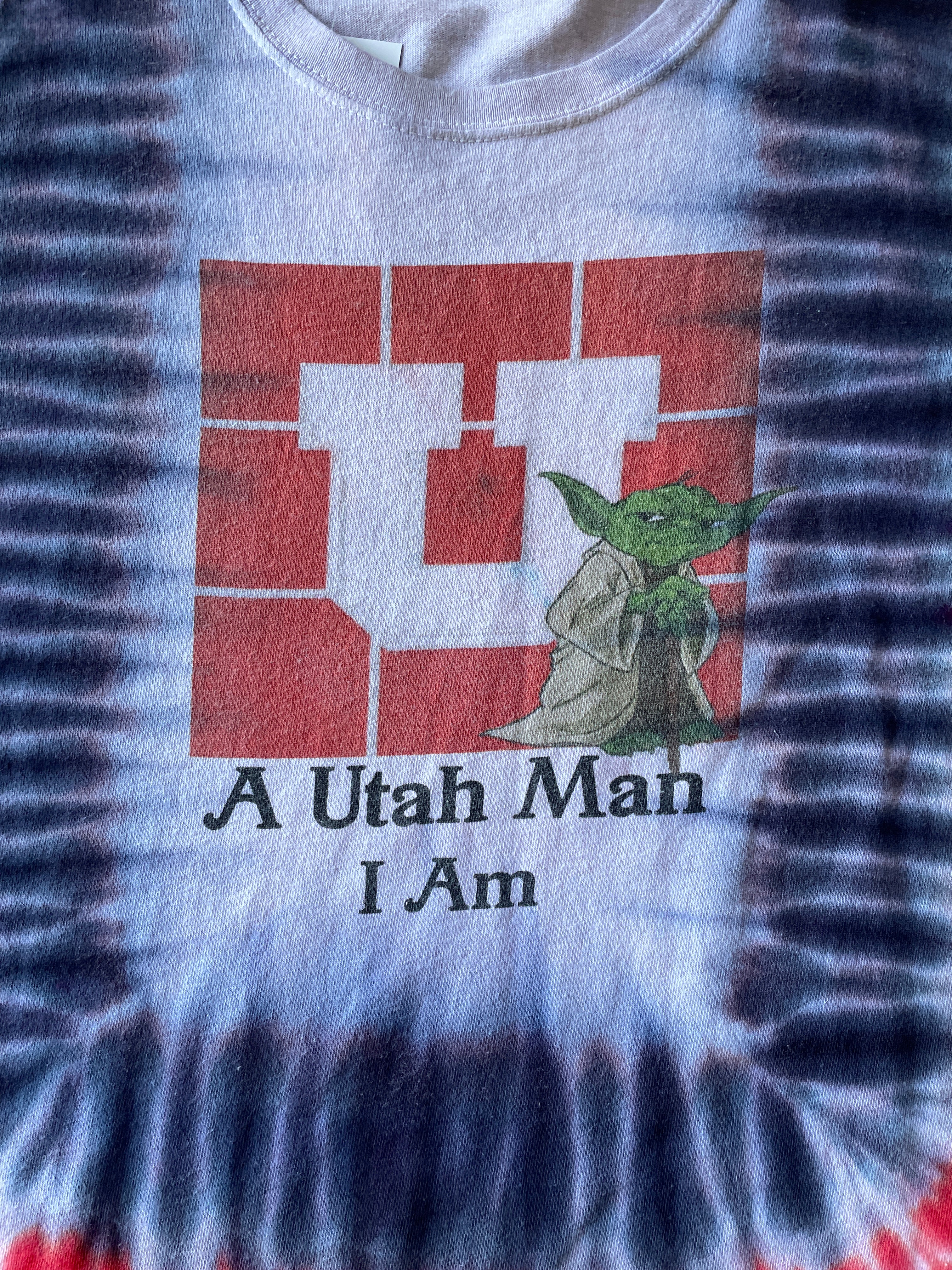 Large Men’s Yoda Utah Utes Handmade Tie Dye T-Shirt | Red, White, and Black U of U Pleated Tie Dye Short Sleeve