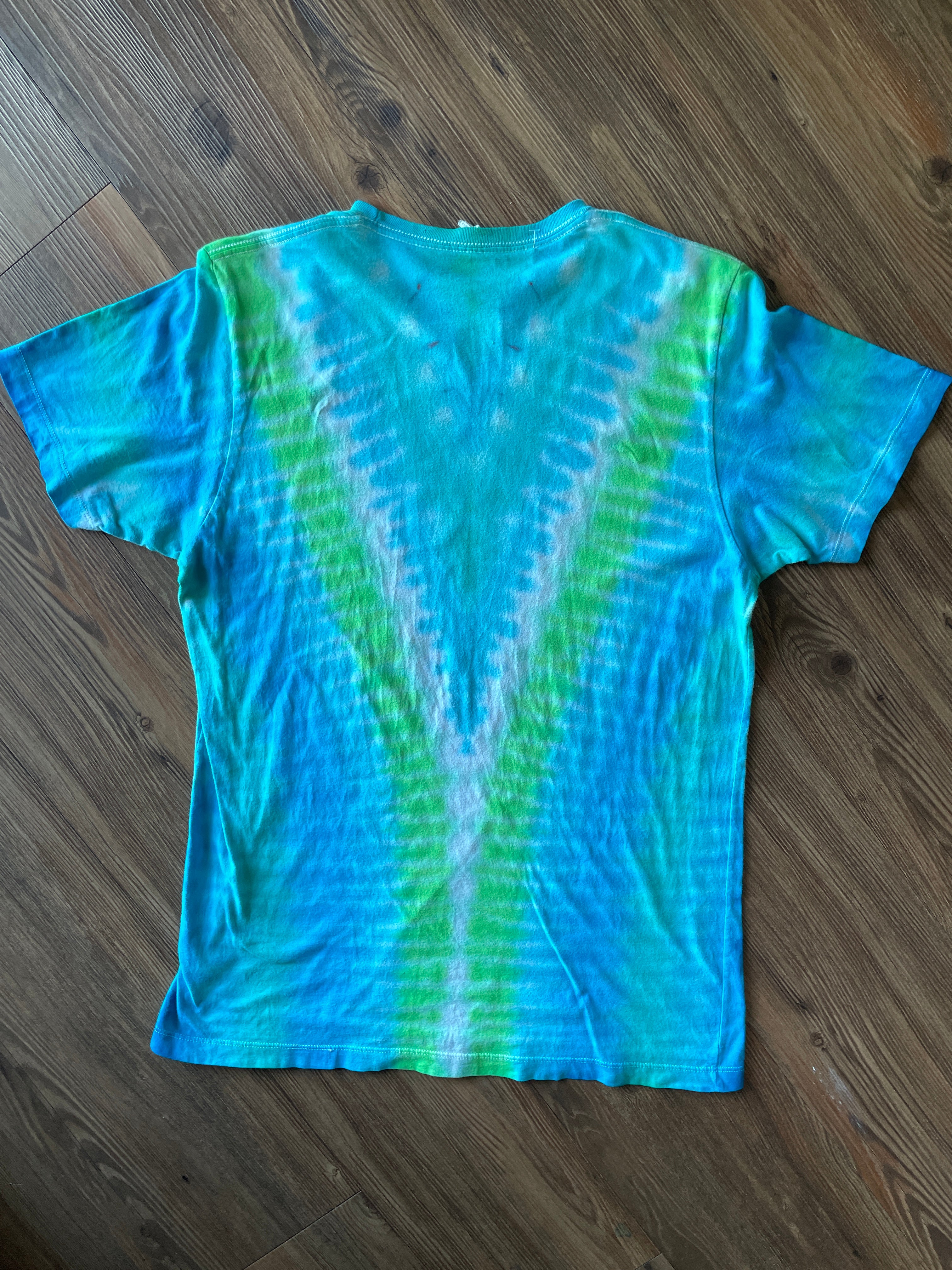 Medium Men’s BYU Volleyball Handmade Tie Dye T-Shirt | Pastel Blue and Green Pleated Tie Dye Short Sleeve