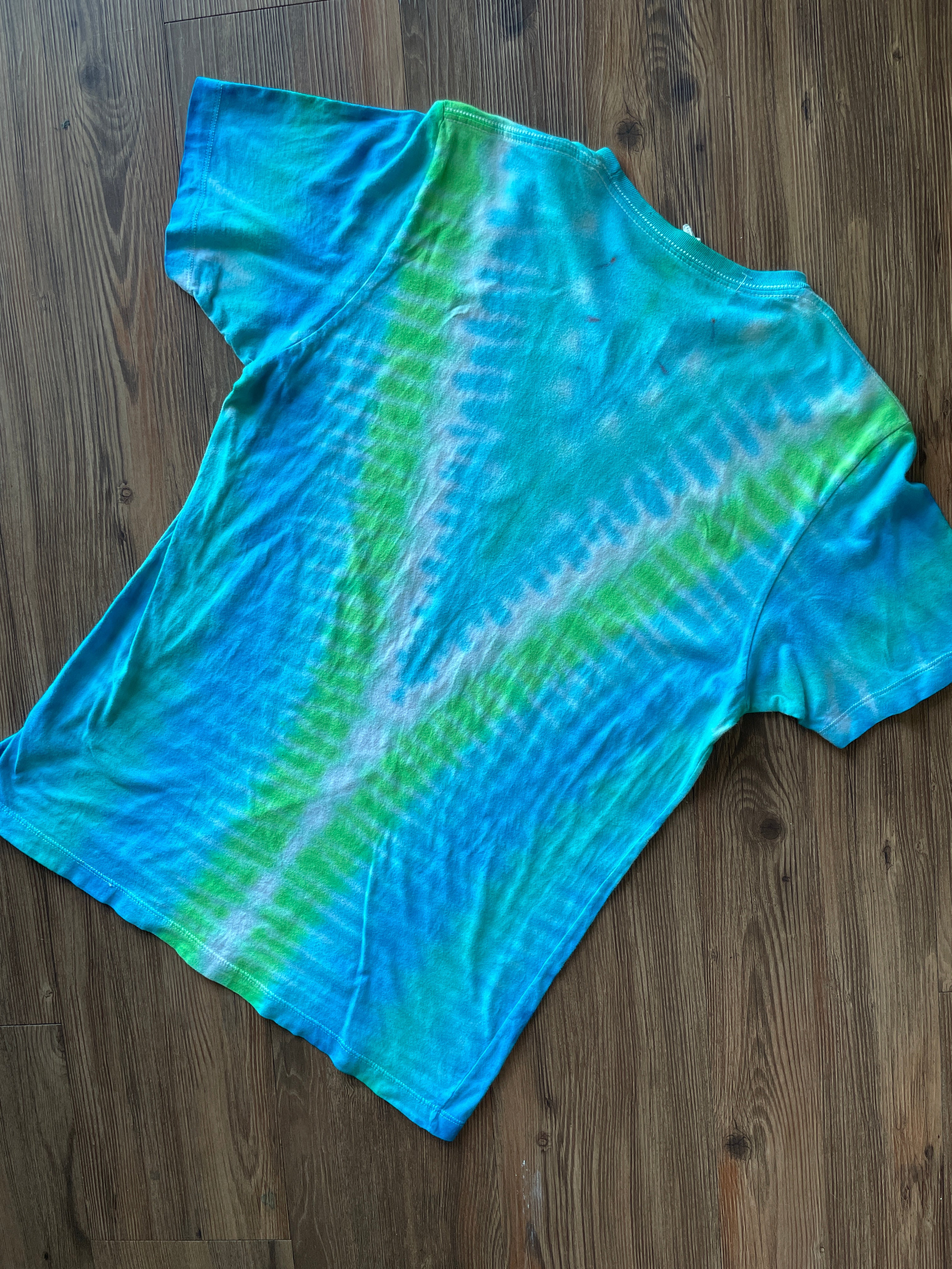 Medium Men’s BYU Volleyball Handmade Tie Dye T-Shirt | Pastel Blue and Green Pleated Tie Dye Short Sleeve