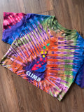 MEDIUM Men’s Climbing Tie Dye Cropped T-Shirt | Purple and Rainbow Reverse Tie Dye Short Sleeve Crop Top