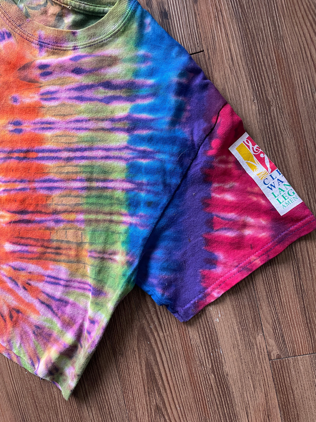 MEDIUM Men’s Climbing Tie Dye Cropped T-Shirt | Purple and Rainbow Reverse Tie Dye Short Sleeve Crop Top