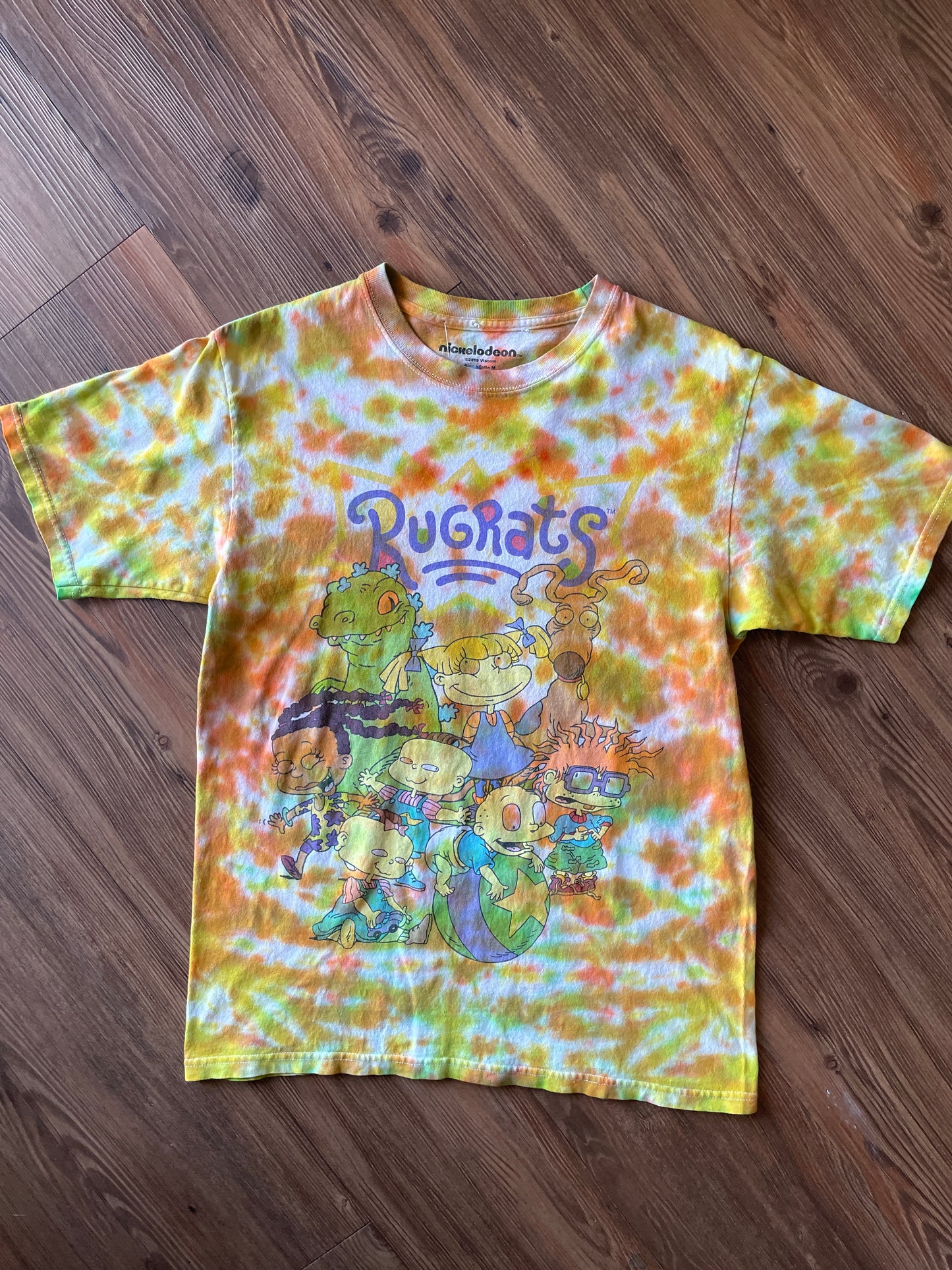 Medium Men’s Rugrats Handmade Tie Dye T-Shirt | Green and Orange 90s Nickelodeon Slime Tie Dye Short Sleeve