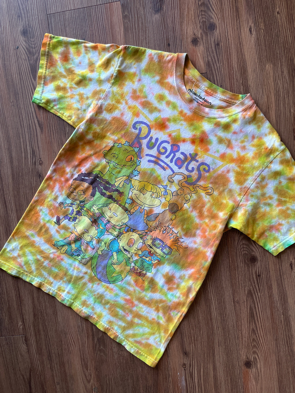 Medium Men’s Rugrats Handmade Tie Dye T-Shirt | Green and Orange 90s Nickelodeon Slime Tie Dye Short Sleeve