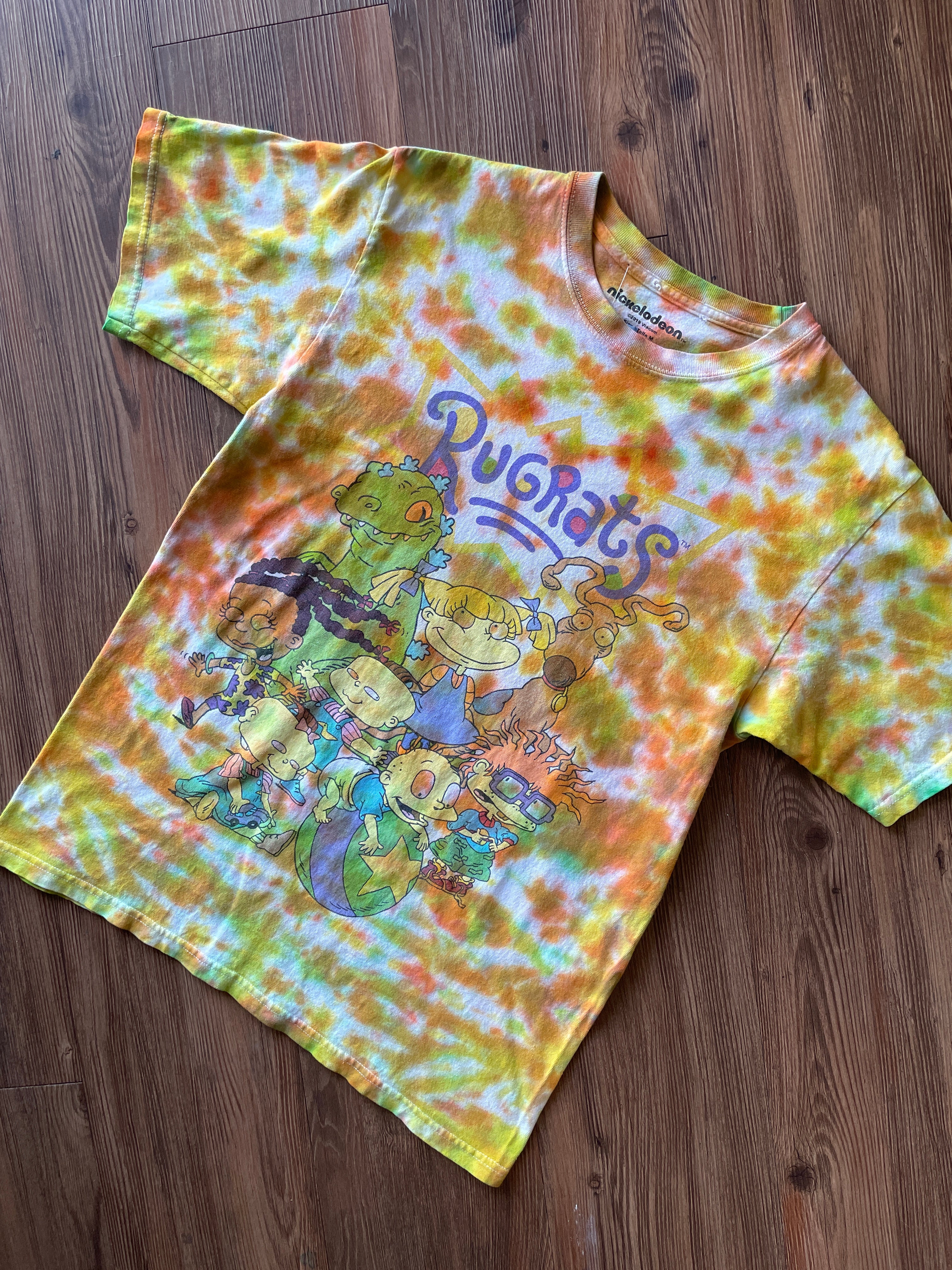 Medium Men’s Rugrats Handmade Tie Dye T-Shirt | Green and Orange 90s Nickelodeon Slime Tie Dye Short Sleeve