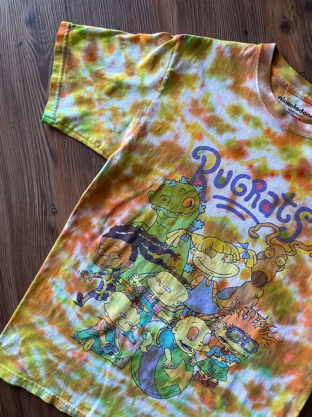 Medium Men’s Rugrats Handmade Tie Dye T-Shirt | Green and Orange 90s Nickelodeon Slime Tie Dye Short Sleeve