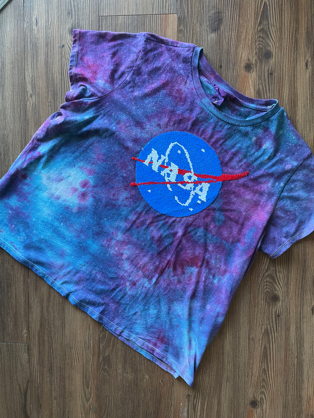 XL Women’s NASA Reversible Sequin Handmade Tie Dye T-Shirt | Purple Galaxy Tie Dye Short Sleeve Crop Top