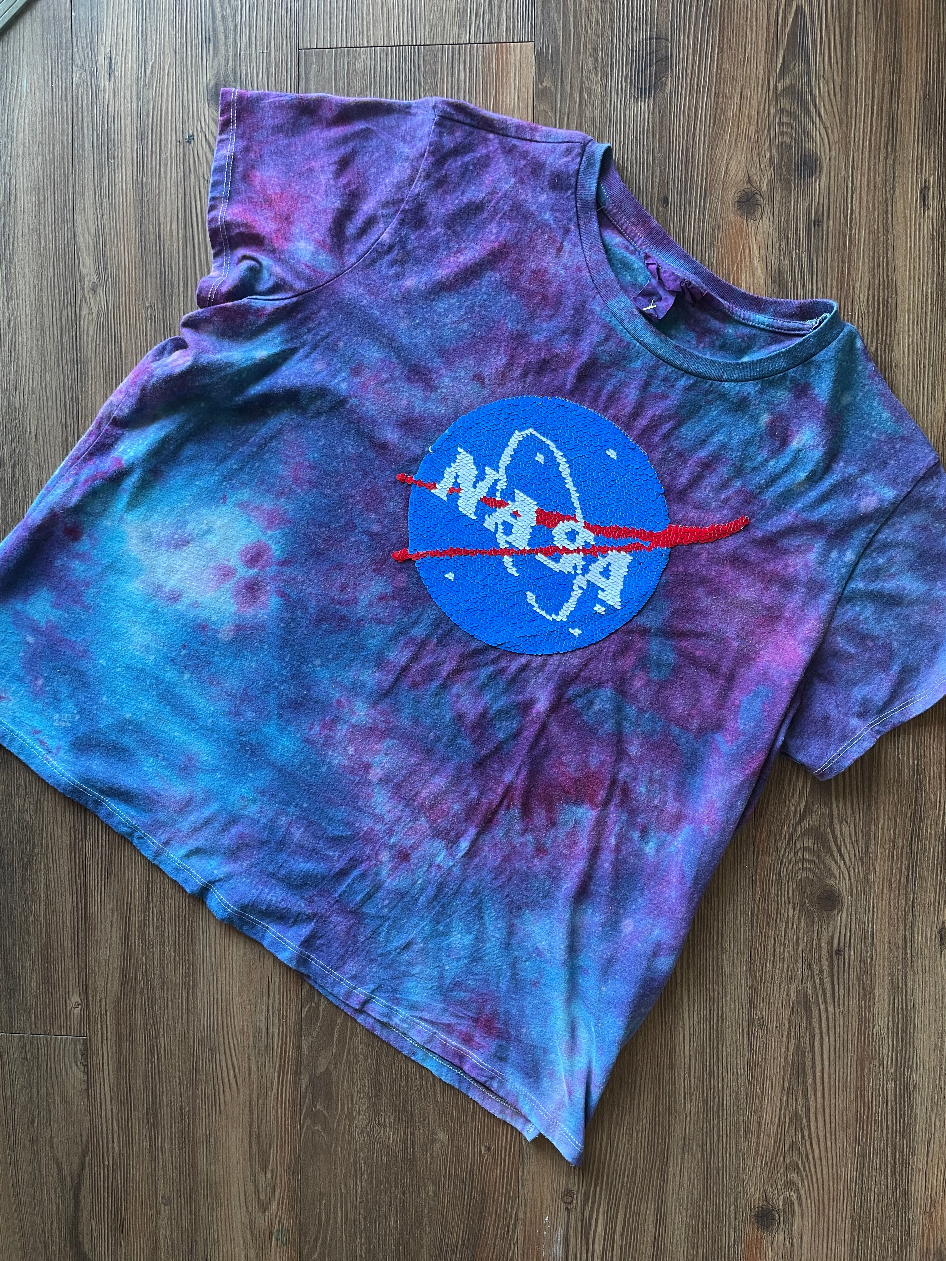 XL Women’s NASA Reversible Sequin Handmade Tie Dye T-Shirt | Purple Galaxy Tie Dye Short Sleeve Crop Top
