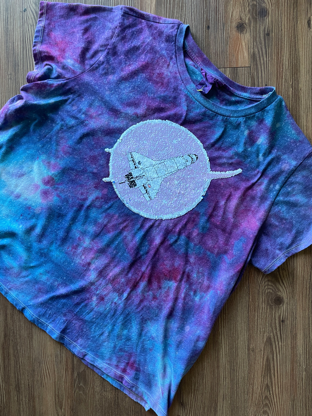 XL Women’s NASA Reversible Sequin Handmade Tie Dye T-Shirt | Purple Galaxy Tie Dye Short Sleeve Crop Top