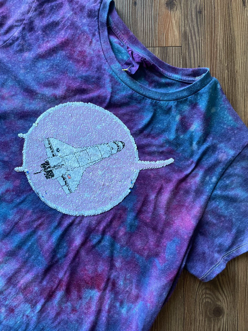 XL Women’s NASA Reversible Sequin Handmade Tie Dye T-Shirt | Purple Galaxy Tie Dye Short Sleeve Crop Top
