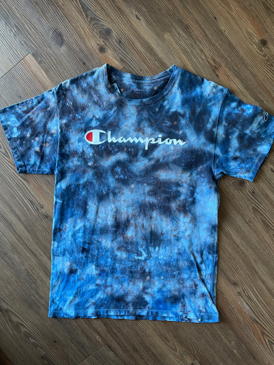 Medium Men’s Champion Handmade Tie Dye T-Shirt | Blue and Black Galaxy Tie Dye Short Sleeve